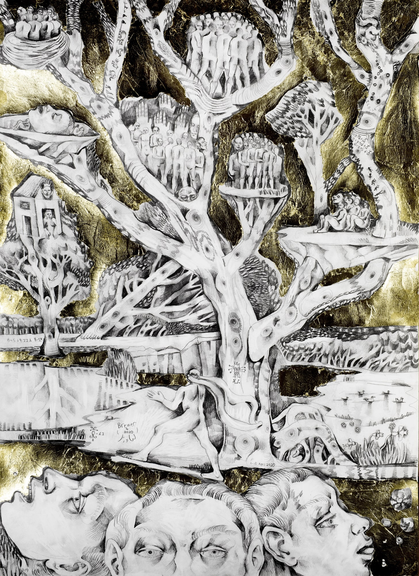 The artist is walking through Hampstead Heath, his face covered with a scarf that flows behind him. There are three faces at the bottom and trees in the background