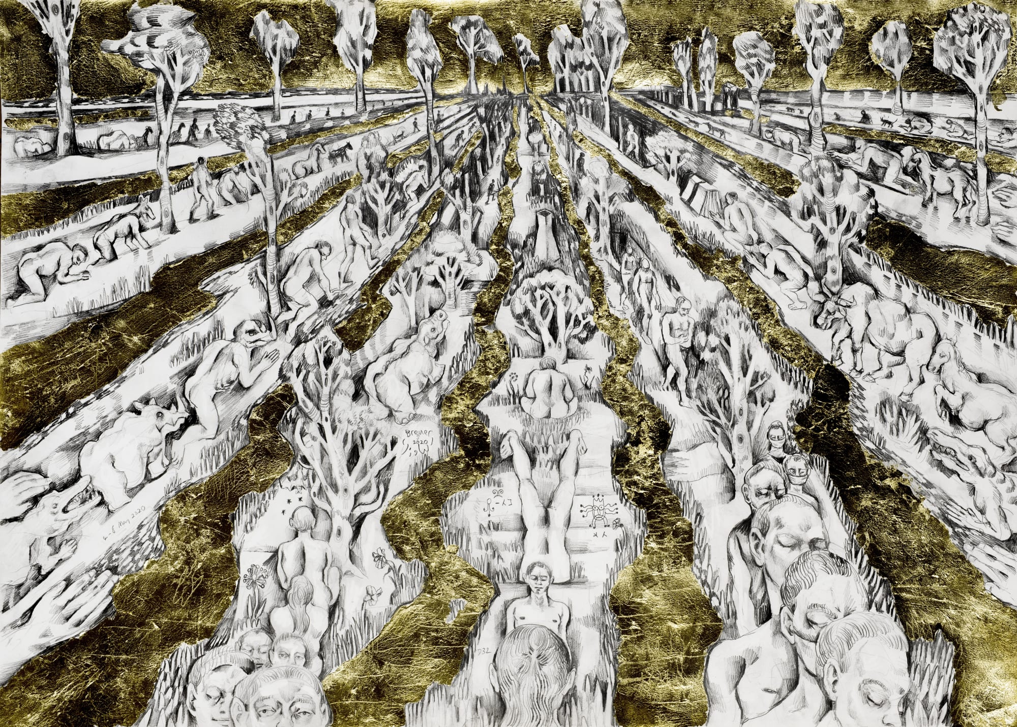 Strings with animals, humans and trees are pathways of the future, back and forth to a vanishing point on the horizon