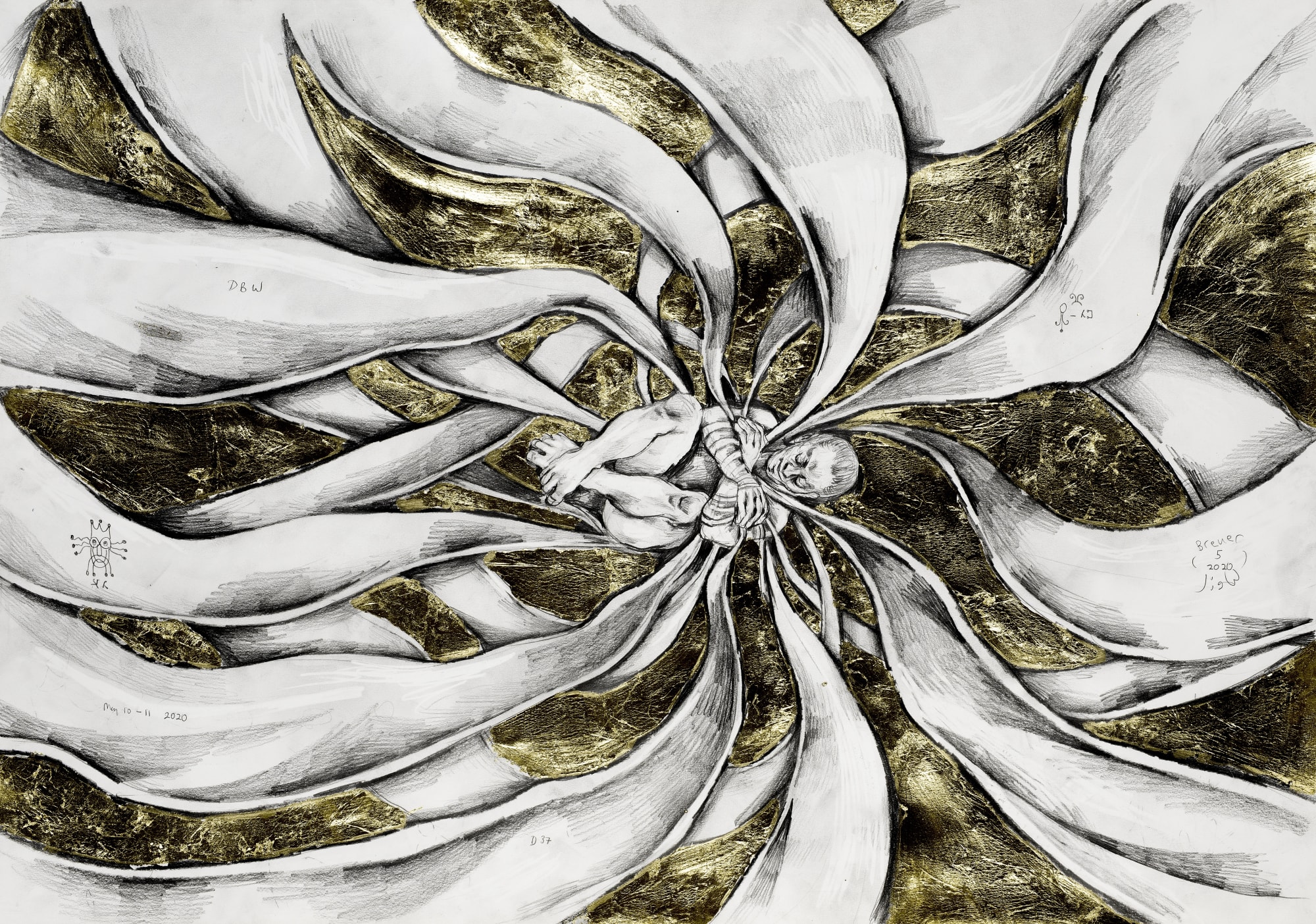 The artist floating at the centre of the composition wearing his phylacteries