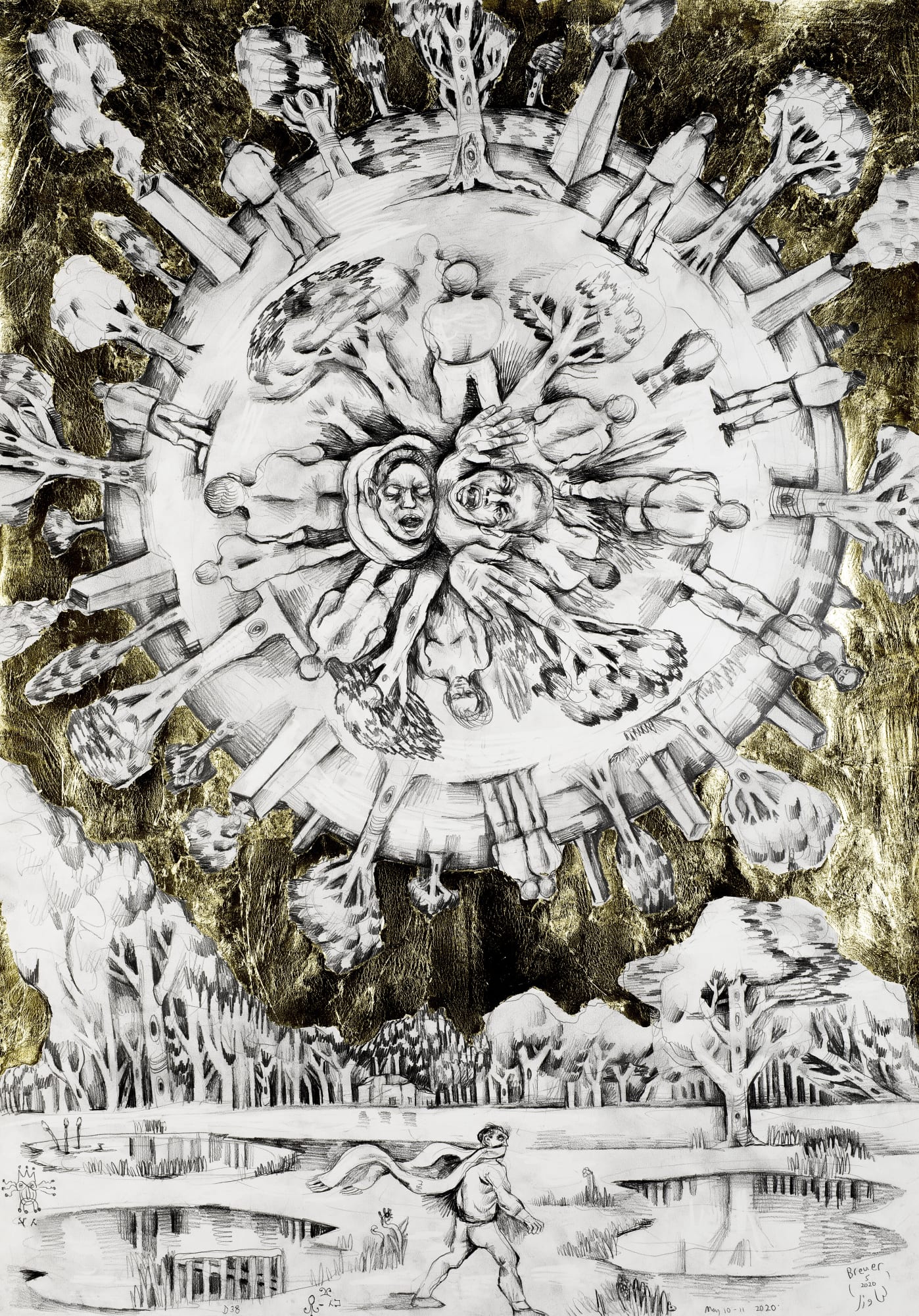 A floaty sphere filled with trees, chimneys and people