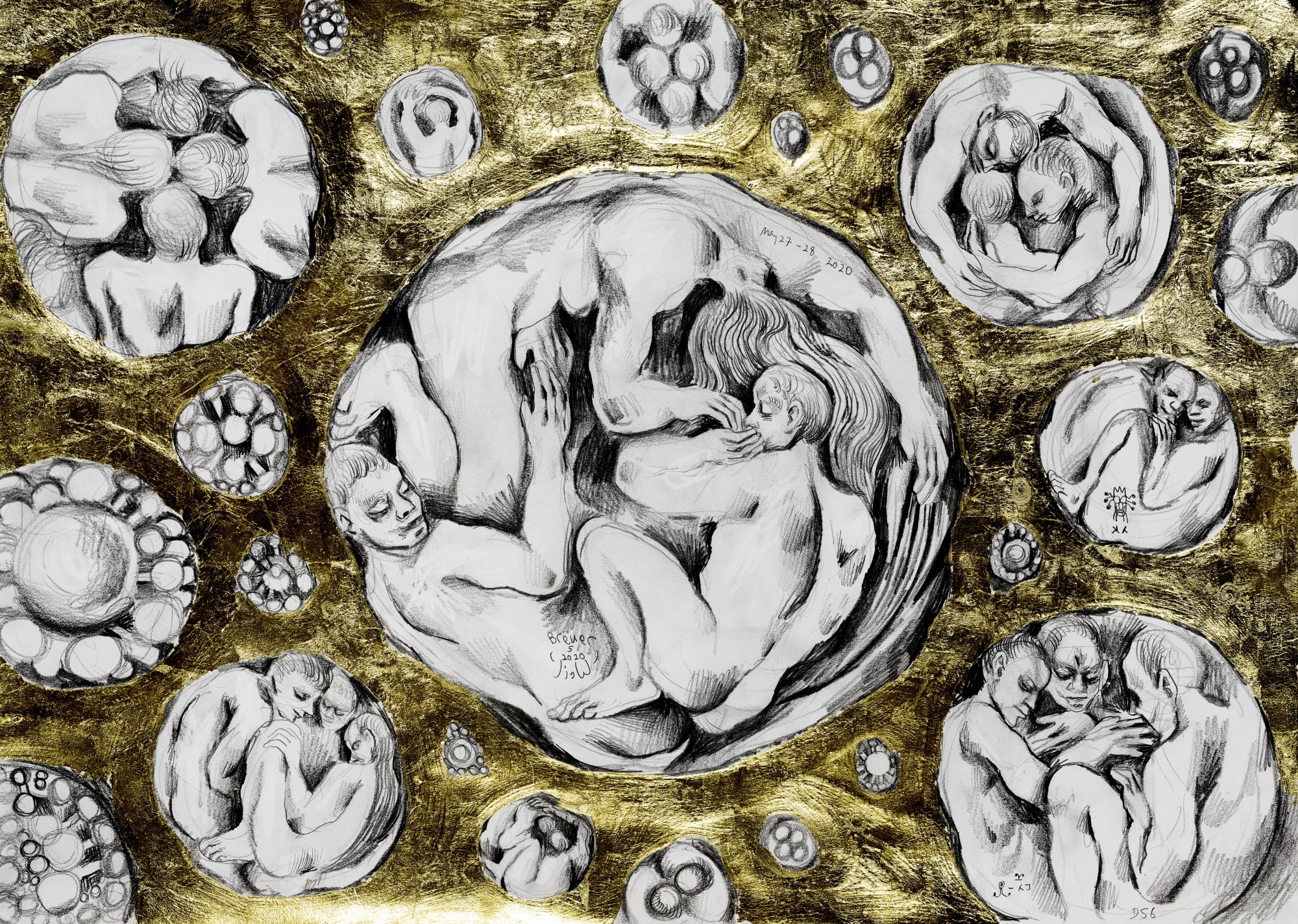 Each sphere is a different family or isolated unit of people, floating like planets in a vast golden universe