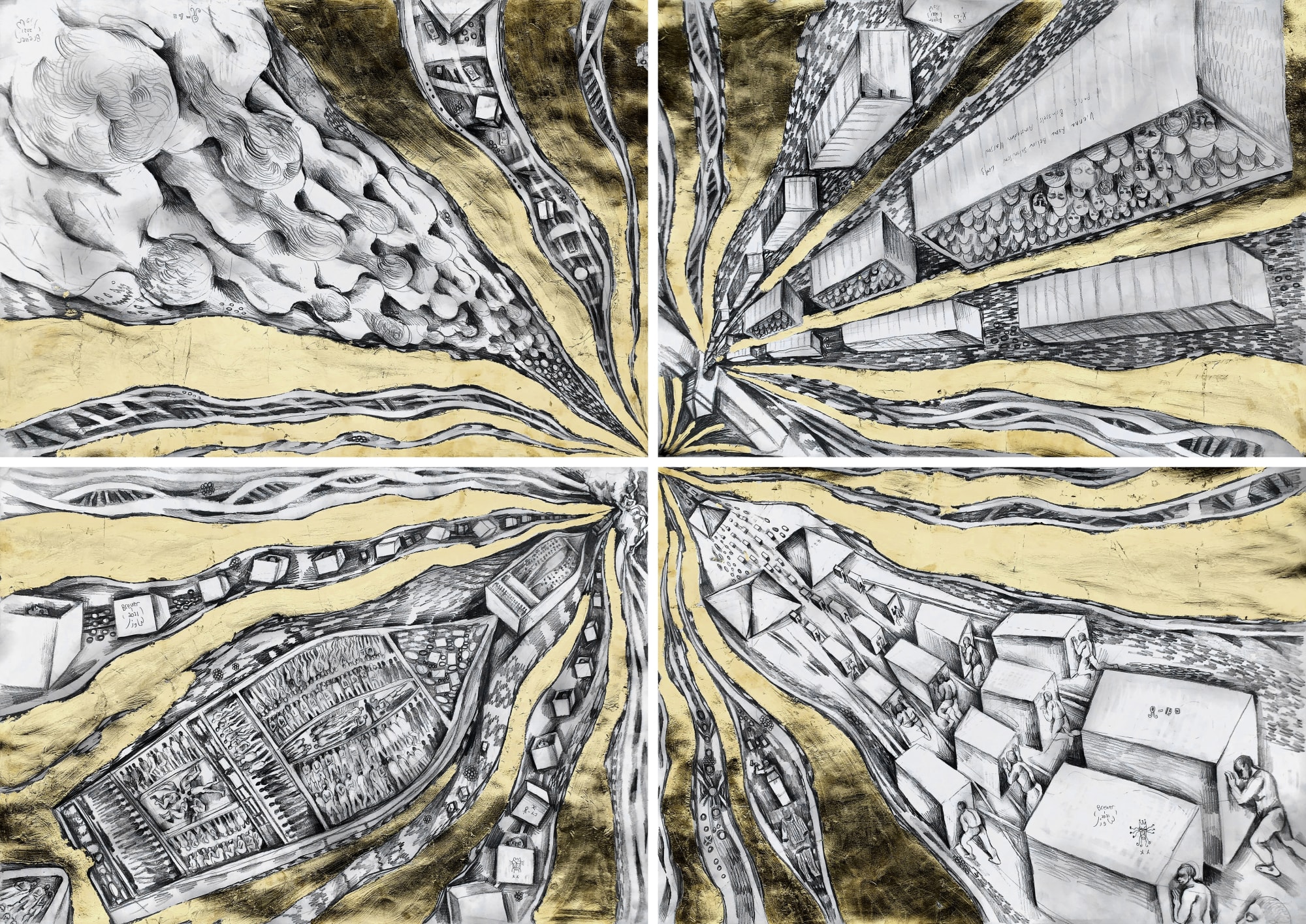 David Breuer-Weil (b. 1965) Slavery 2021 Pencil and gold leaf on paper 4 x sheets, each 59.4 x 84.1 cm overall 118.8 x 168.2 cm © David Breuer-Weil