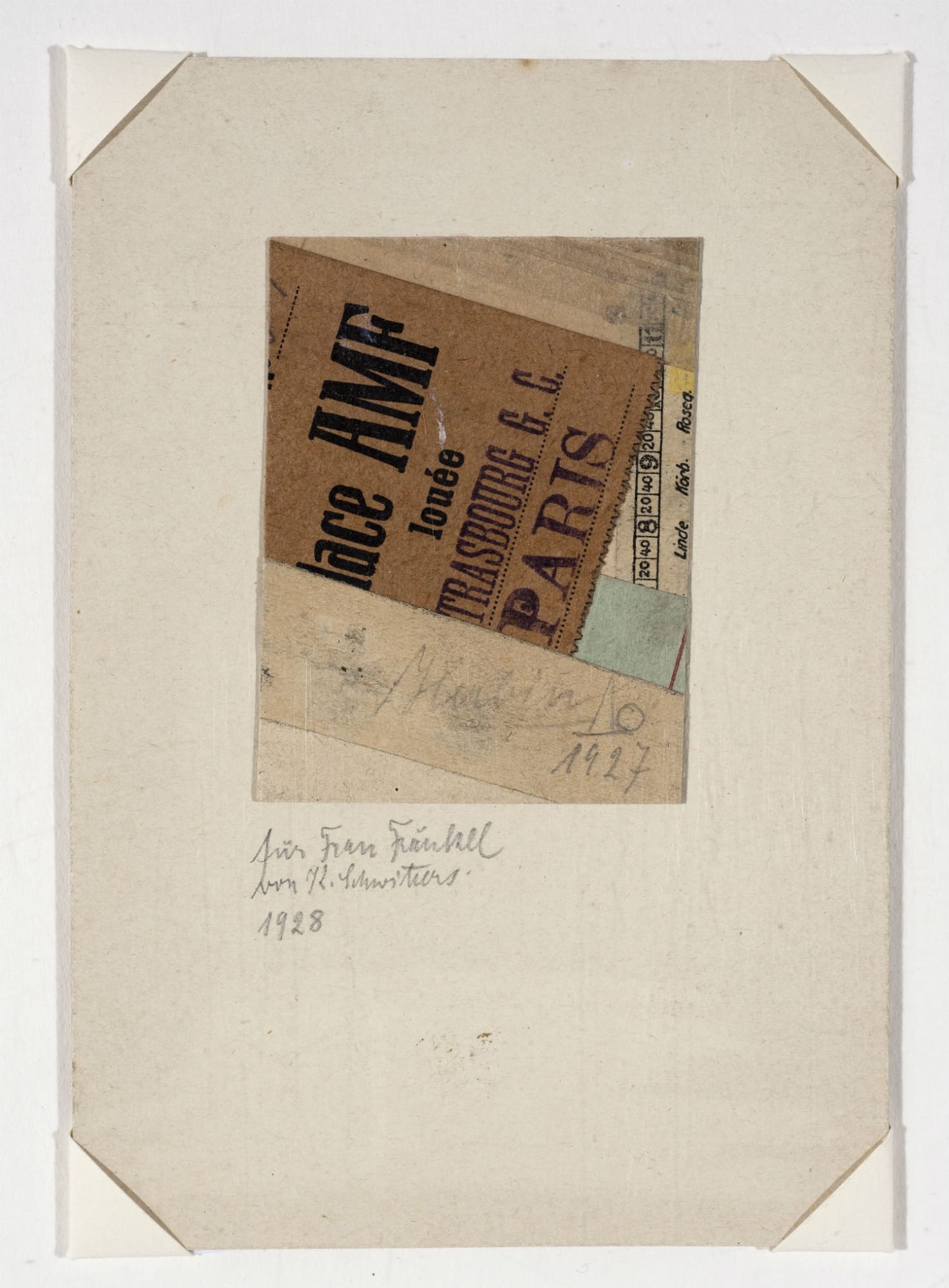 Kurt Schwitters für Frau Fränkel,1927 Collage 40 x 34cm Ben Uri Collection Purchased from the family of Else Fraenkel 2019