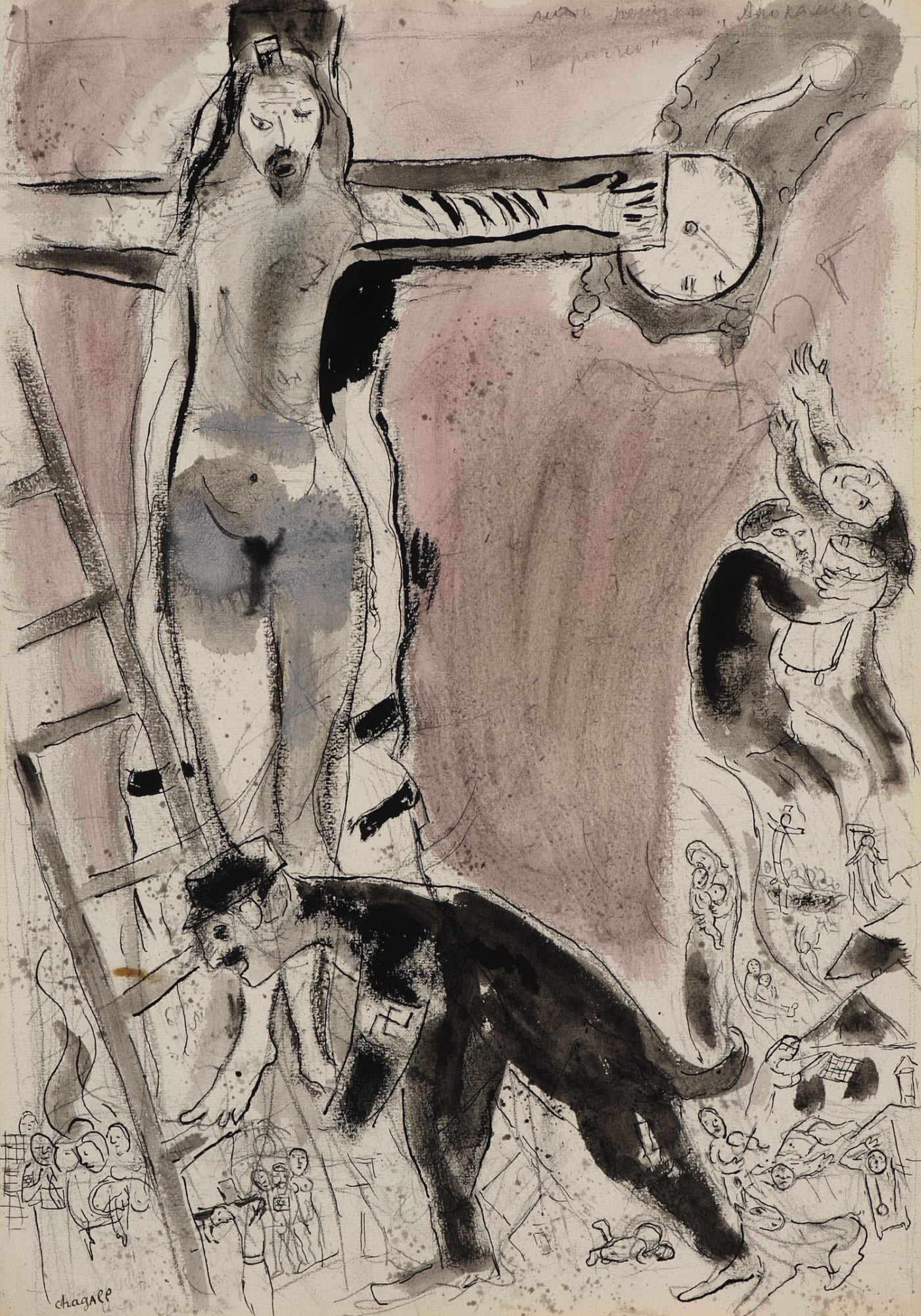 Marc Chagall (1887-1985) Apocalypse en Lilas, Capriccio 1945 Gouache, pencil, indian wash ink and indian ink on paper 51.2 x 36.3 cm Ben Uri Collection &copy; Marc Chagall estate Acquired in 2009 supported by Miriam and Richard Borchard, Sir Michael and Lady Morven Heller, and an anonymous donor, and benefitting from the advice of Lionel Pissarro and Art Fund