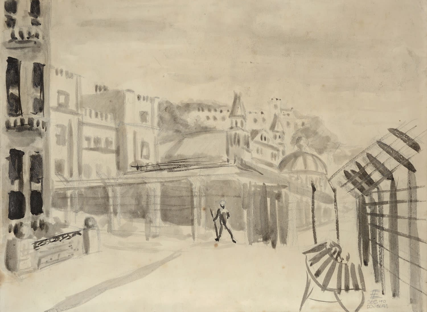 Ernst Eisenmayer (1920-2018) Internment in Douglas 1940 Watercolour, graphite and pen and ink on paper and board 30.3 x 22.8 cm Ben Uri Collection &copy; Ernst Eisenmayer
