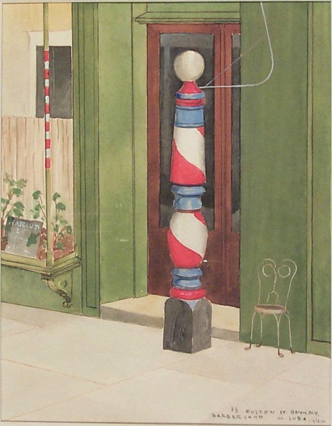 Miklos Suba Barbershop, 33 Fulton Street, 1940 Watercolor on paper 10 x 18 inches 25.4 x 45.72 cm