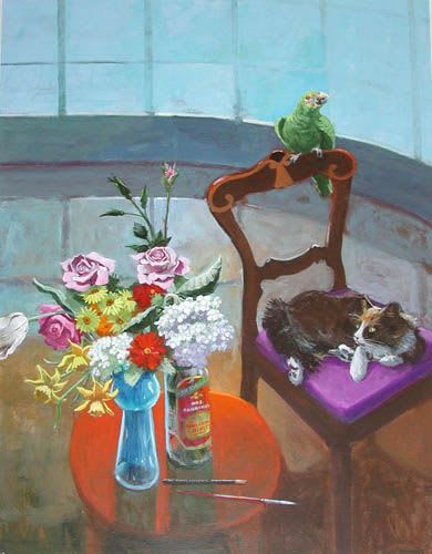 Paul Wonner Room with Curved Window Cat and Bird, 2000 Acrylic on paper 38 x 27 inches 96.52 x 68.58 cm