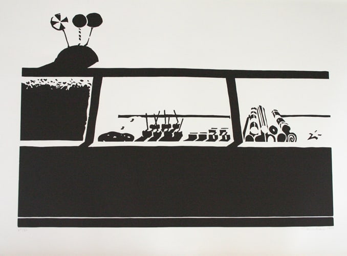 Wayne Thiebaud Candy Counter, 1970 Linocut 22 1/2 x 30 1/8 inches 57.15 x 76.52 cm Edition of 50