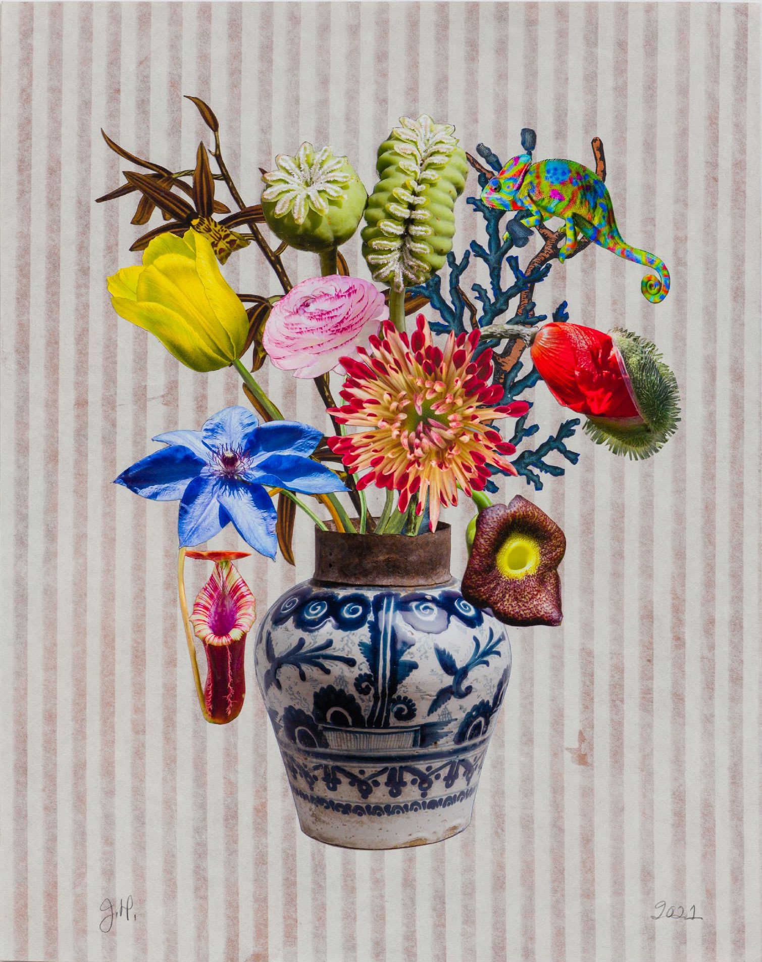 Jane Hammond Mexican Chocolate Jar with Poppy Pods, Pitcher Plant and Chameleon 2021 Unique botanical collage with linocut, digital printing, colored pencil, Sumi ink, watercolor and gouache, hand cut and assembled on Japanese paper over painted cotton rag 26 x 20 1/2 inches