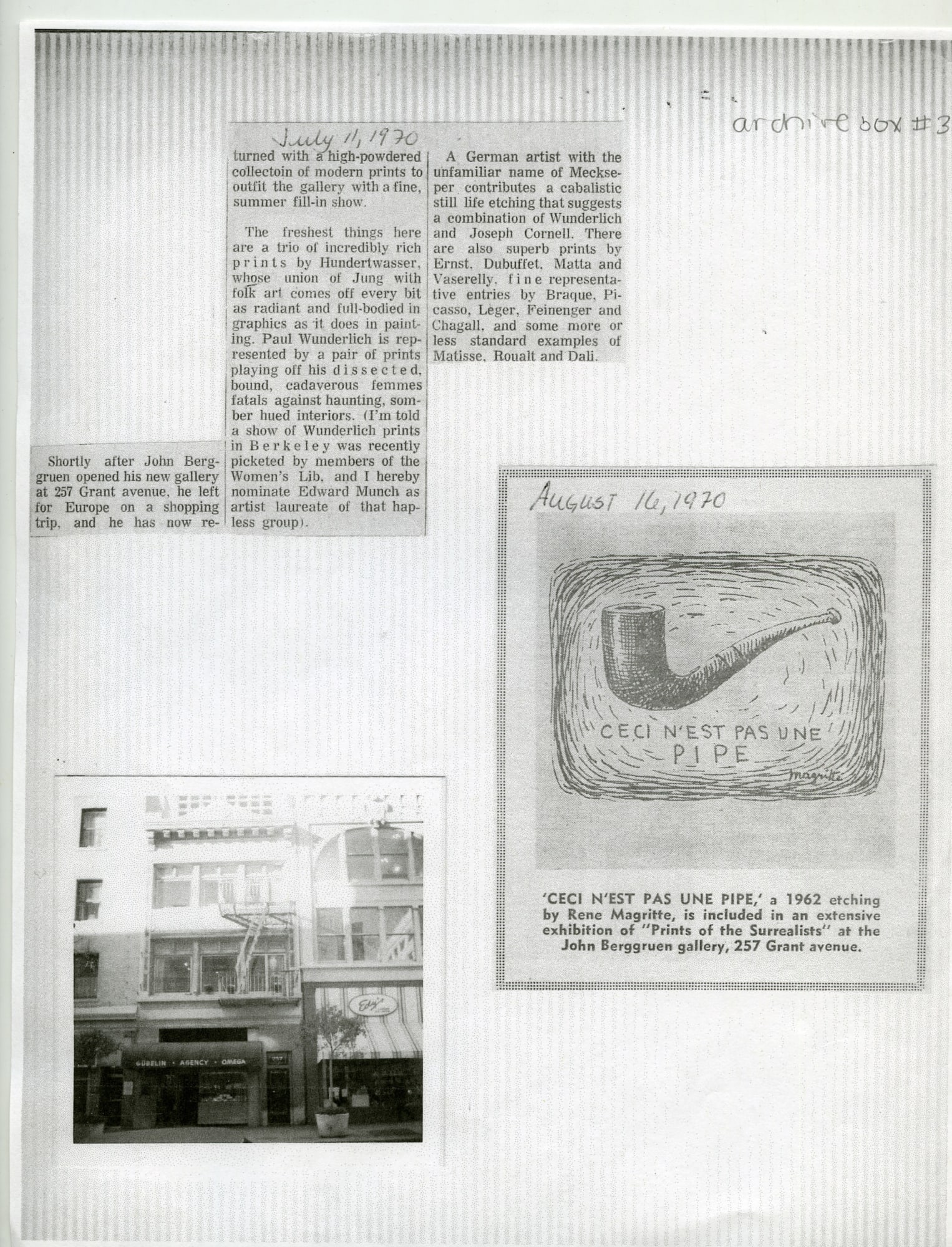 Archival clipping featuring John Berggruen Gallery, 257 Grant Ave, c. 1970s