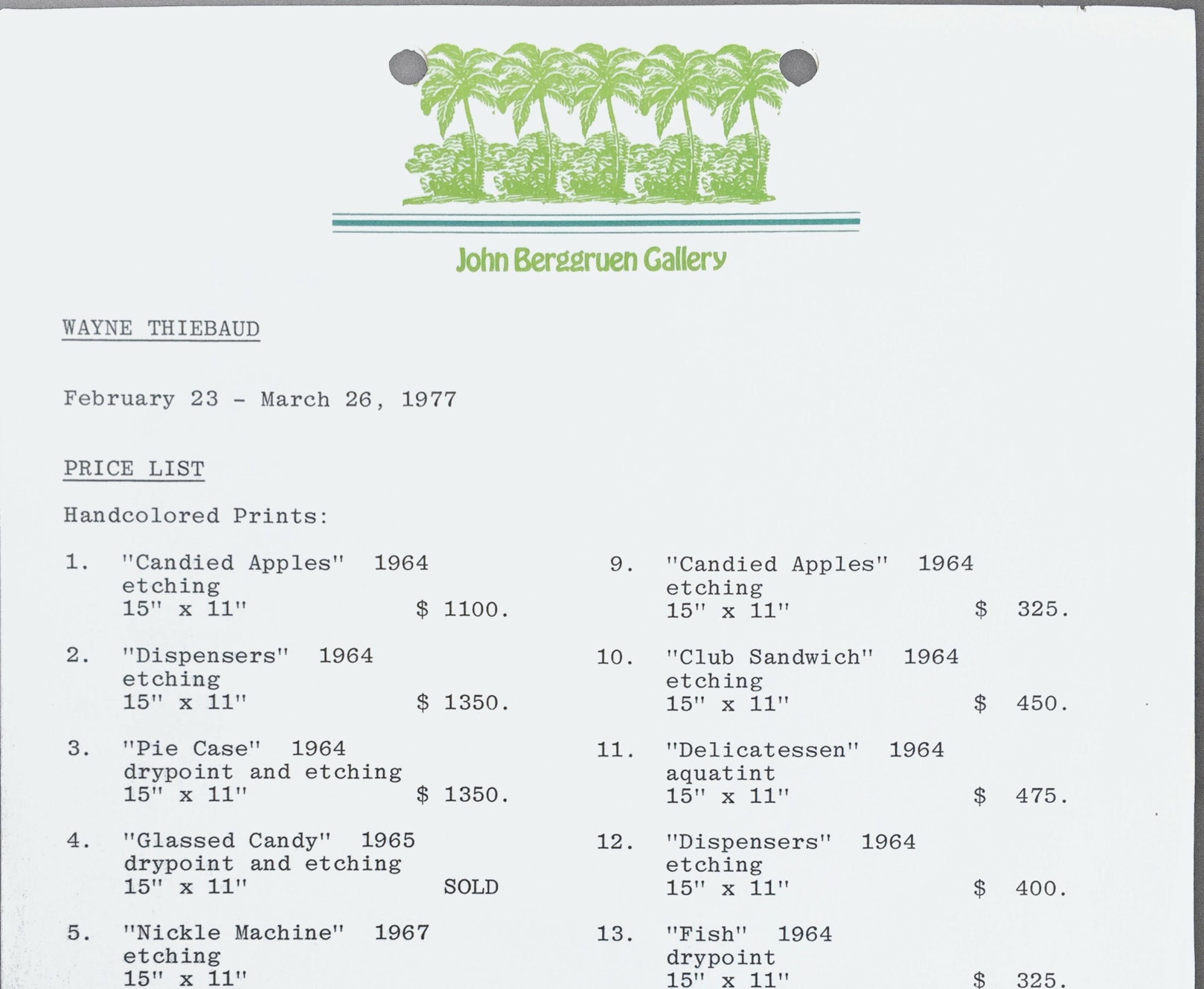 Price list from Wayne Thiebaud's exhibition at John Berggruen Gallery, 1977