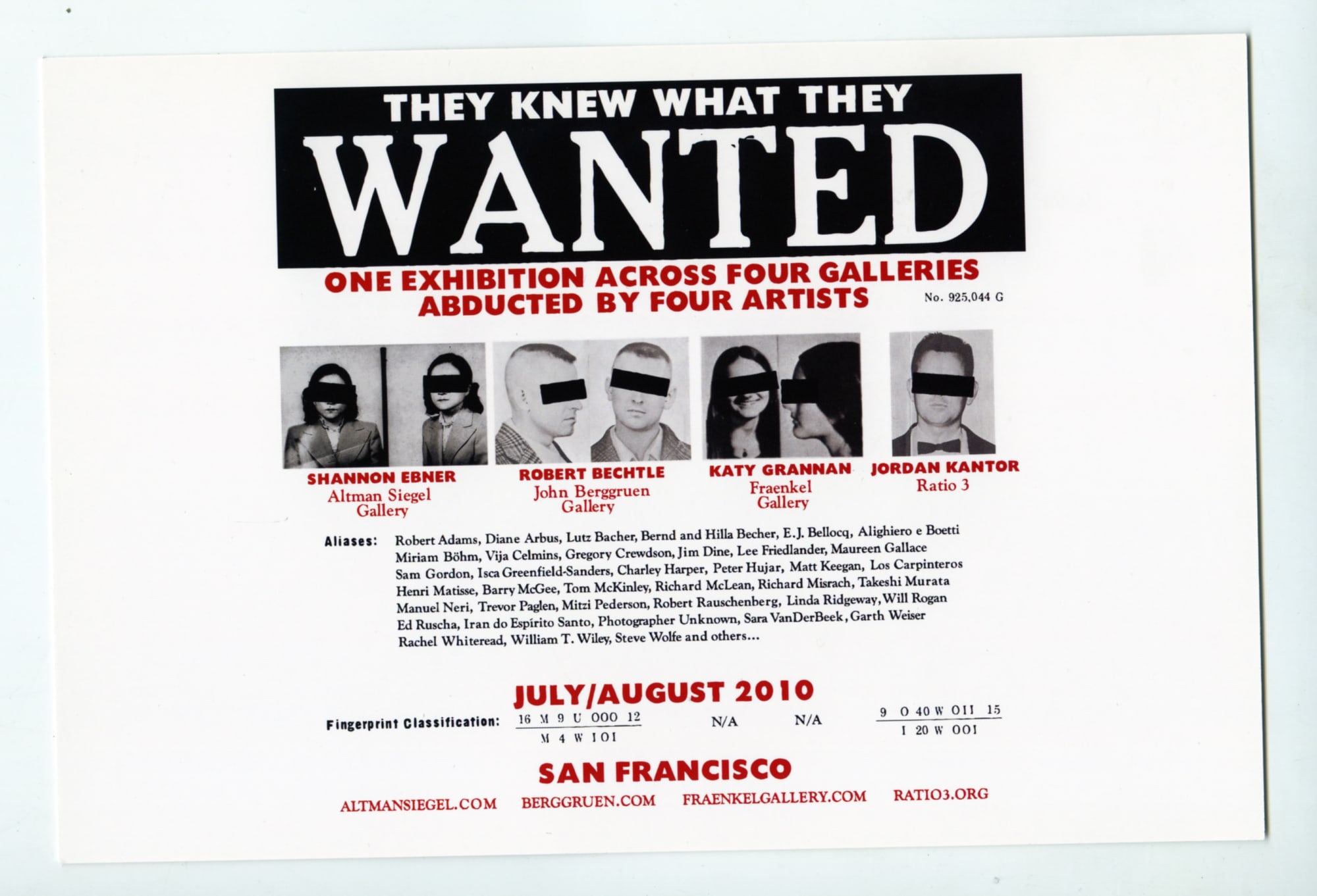 Exhibition Announcement card for They Knew What They Wanted: One Exhibition Curated Across Four Galleries by the Artists Robert Bechtle, Shannon Ebner, Katy Grannan and Jordan Kantor, 2010 (front)