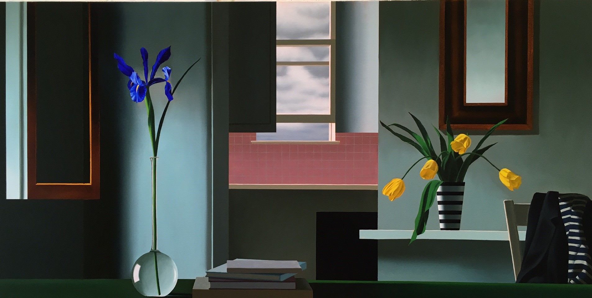 Bruce Cohen, b. 1953 Untitled, Interior with Iris, Tulips and Pink Kitchen, 2017 Oil on canvas 28 x 56 in. 71.1 x 142.2 cm