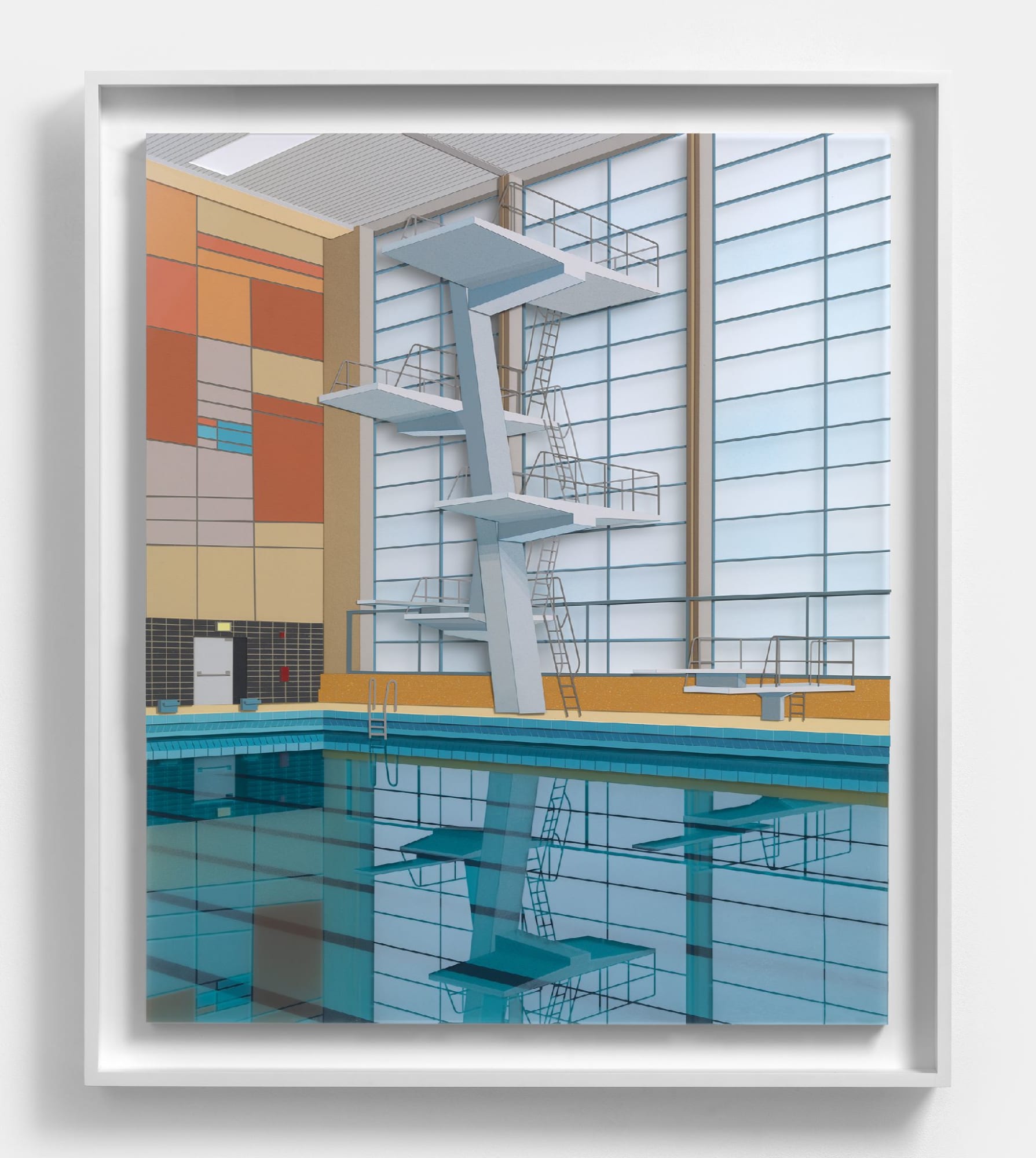 Lucy Williams Indoor Pool (with mural), 2021 Paper, Plexiglas, engineered wood, piano wire, acrylic paint and acrylic ink on birch ply panel 31 7/8 x 26 1/2 inches 81.0 x 67.5 cm