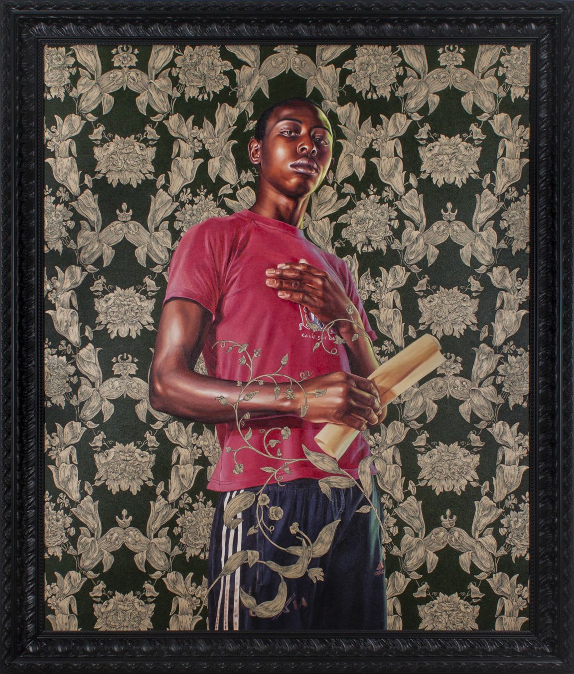 Kehinde Wiley Portrait of Dacdjo Ndie Joseph, 2015 Oil on canvas in artist's frame 72 x 60 inches Framed: 82 1/4 x 70 x 4 1/4 inches