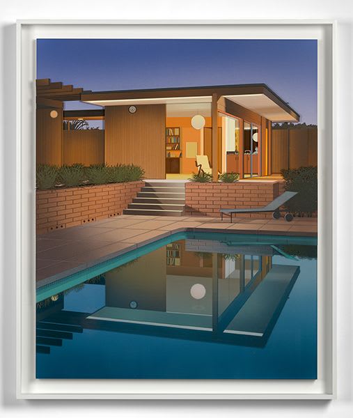 Lucy Williams Pool at Night, 2017 Paper, engineered wood, watercolor paper, maple wood veneer, Plexiglas, piano wire, silver colored card, wood dowel and acrylic paint on birch ply panel 39 x 32 1/4 inches Framed: 43 1/8 x 36 1/2 x 3 inches