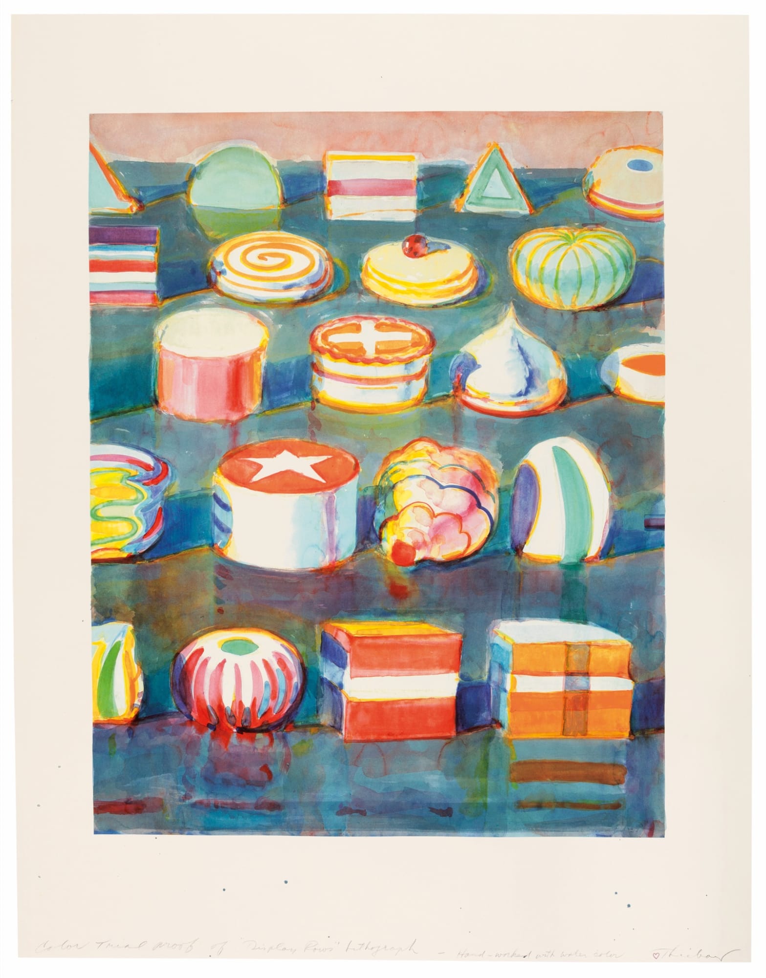 Wayne Thiebaud Display Rows, 1990 Color lithograph and watercolor on wove paper Image: 28 3/4 x 22 7/8 inches Sheet: 37 3/4 x 29 1/2 inches Framed: 32 1/2 W x 41 H inches