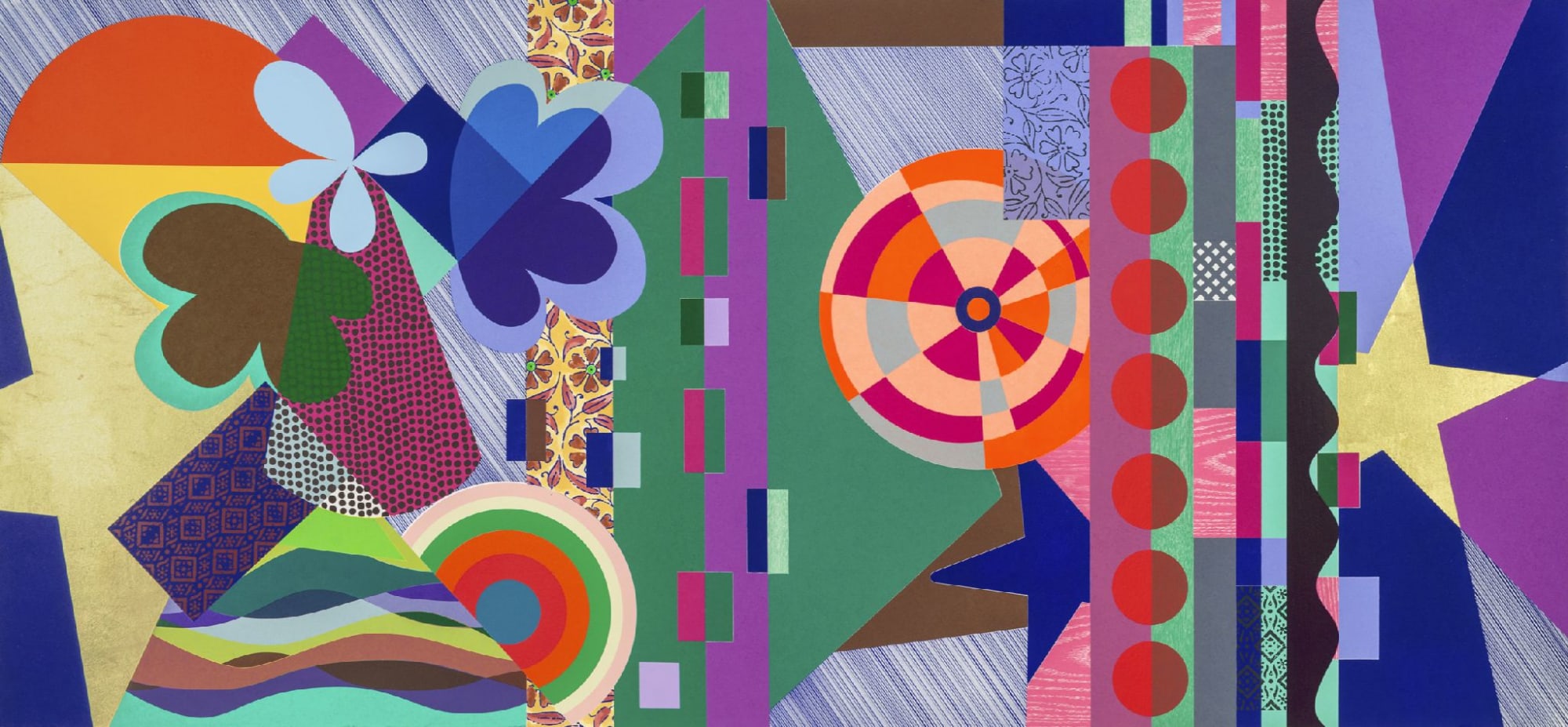 Beatriz Milhazes Dovetail, 2019 Woodblock, screenprint, and gold leaf 33 7/8 x 72 7/8 inches Edition of 40