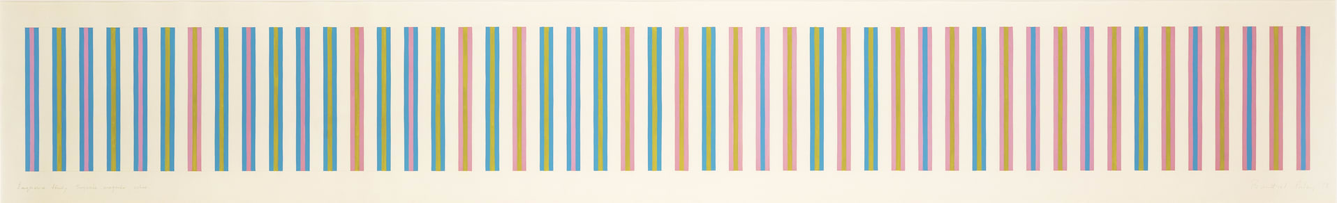Bridget Riley, b. 1931 Sequence Study 1, Turquoise, Magenta, Ochre, 1973 Gouache on paper 12 x 75 3/16 inches 30.5 x 191.0 cm