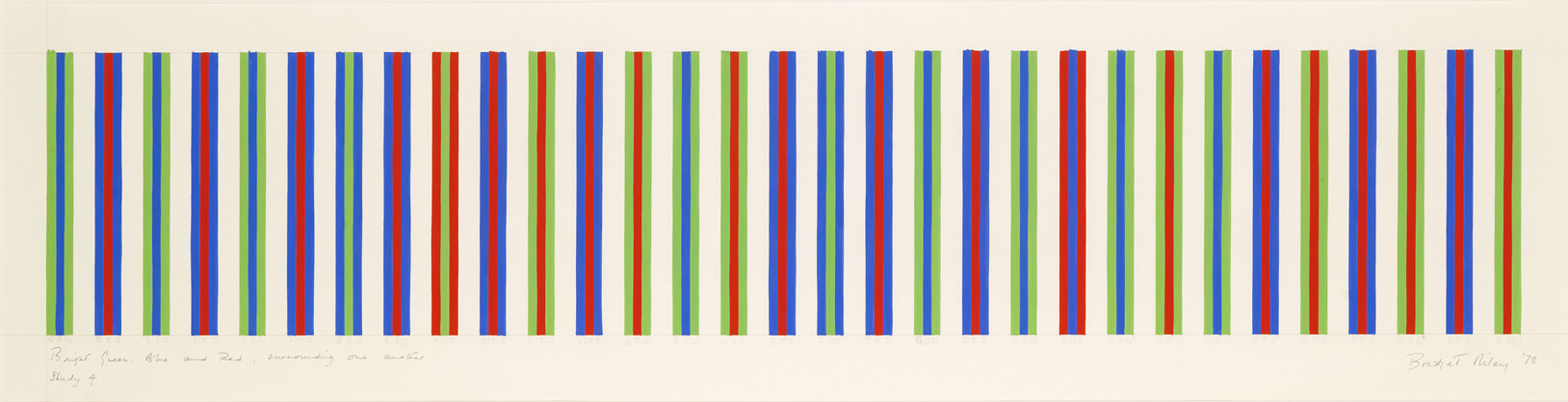 Bridget Riley, b. 1931 Bright Green, Blue and Red, Surrounding One Another, Study 4, 1973 Gouache on paper 12 3/16 x 45 7/8 inches 31.0 x 116.5 cm