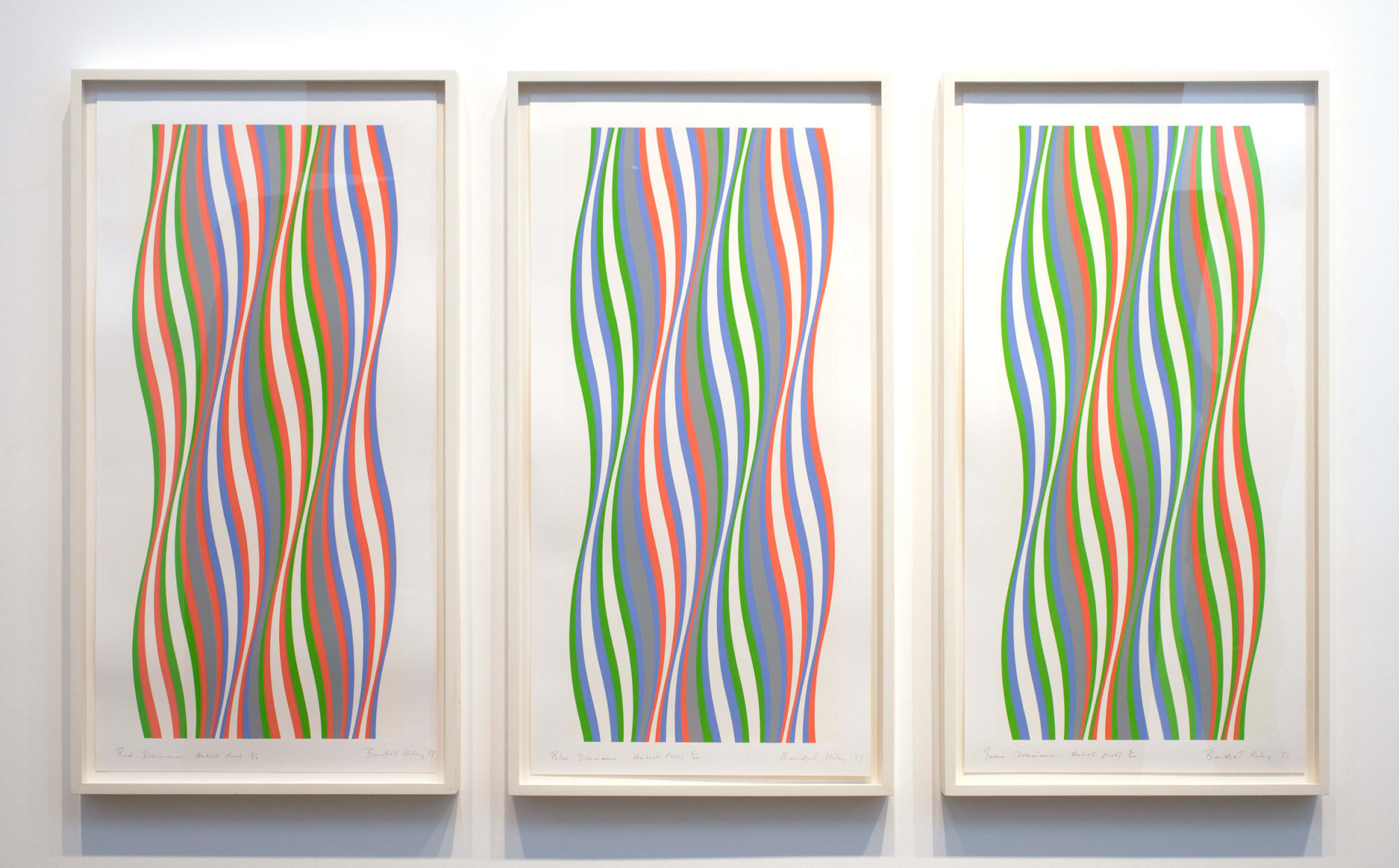 Bridget Riley, b. 1931 Portfolio (Red, Blue and Green Dominance), 1977 Set of 3 color screenprints Sheet: 41 x 21 3/4 inches (each) 104.1 x 55.2 cm Edition of 20, plus 1 AP