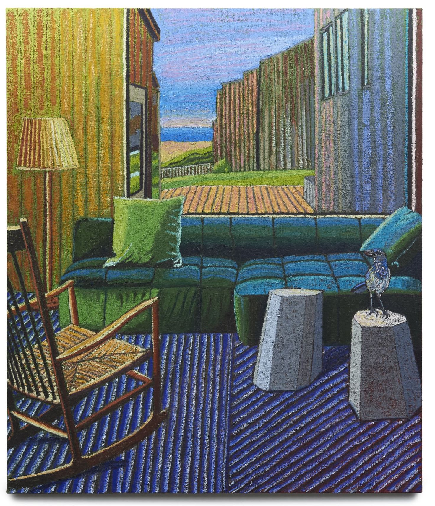 JJ Manford Sunset at Sea Ranch with California Scrub Jay, 2022 Oil stick, oil pastel, and Flashe on burlap over canvas 84 x 72 inches