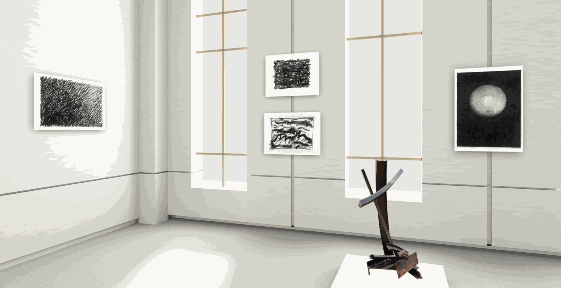 Monotypes and drawings by Michel Goldberg, Steel Sculpture by Gregory Steel.