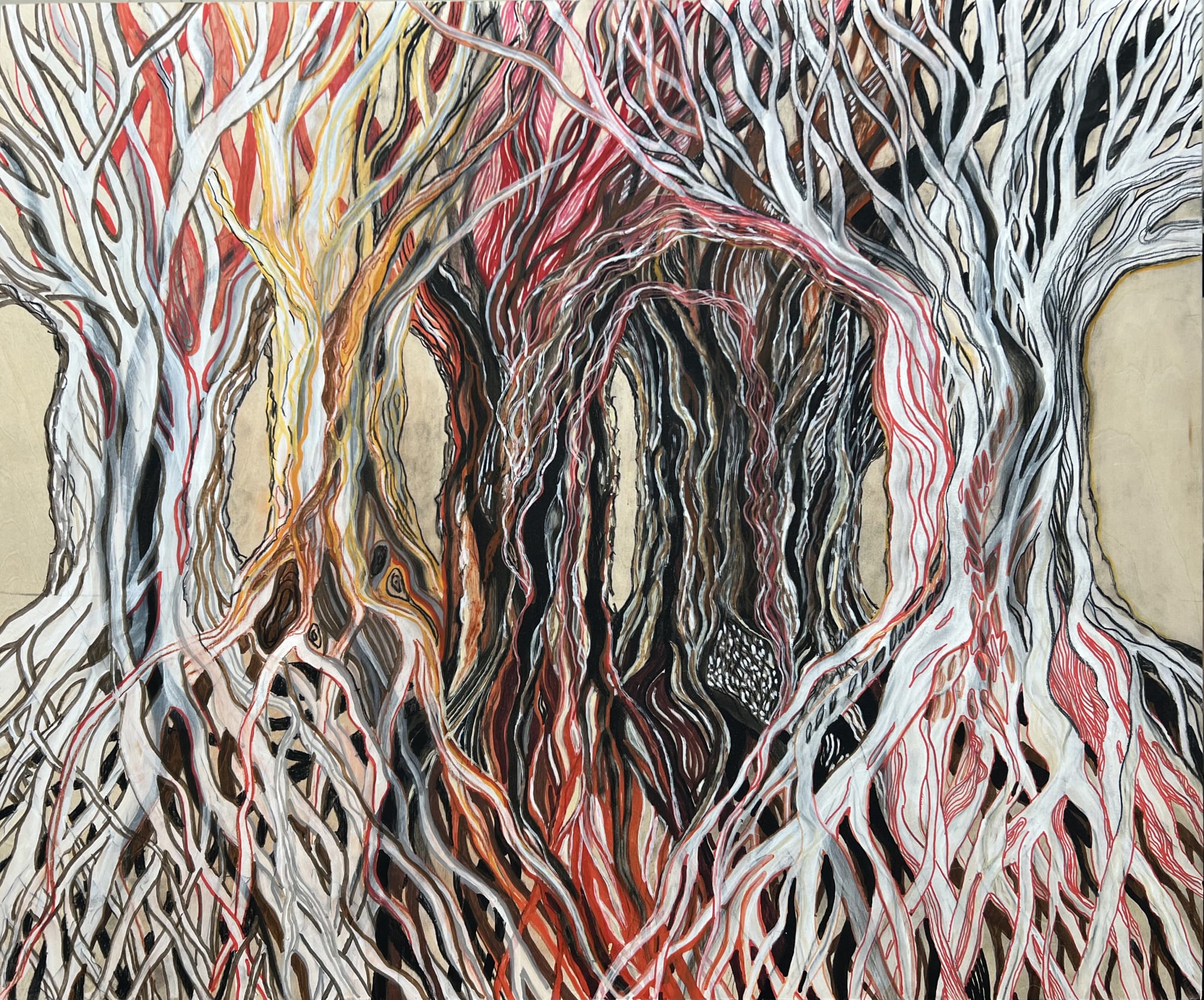 Wooded Terrain 5, 2021 Charcoal, Pastel and Ink on Raw Wood Panel, 20 x 24 inches