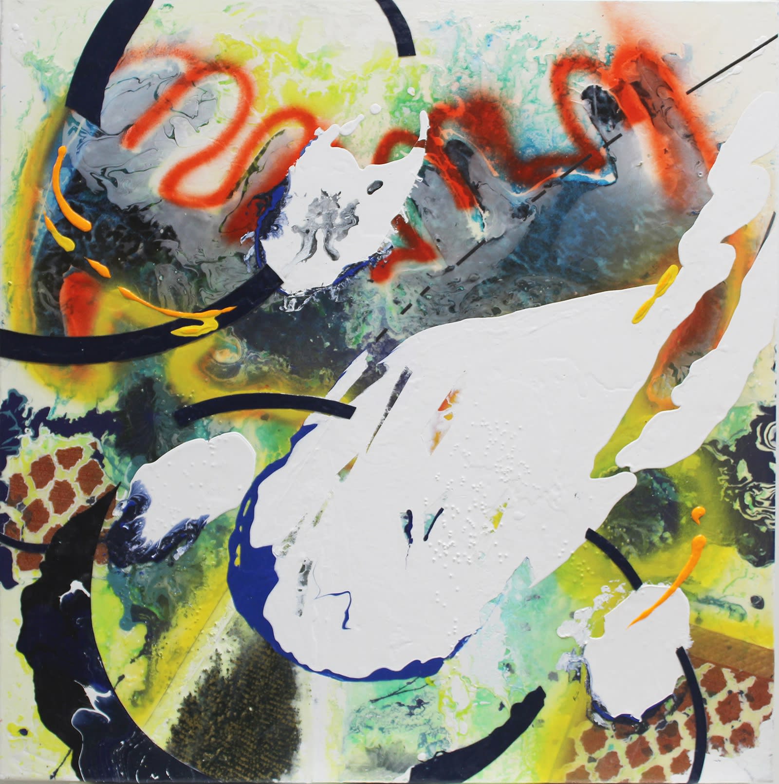 Mirabillia, 2020 Acrylic enamel, ink, fabric, glass beads, 36x36 inches