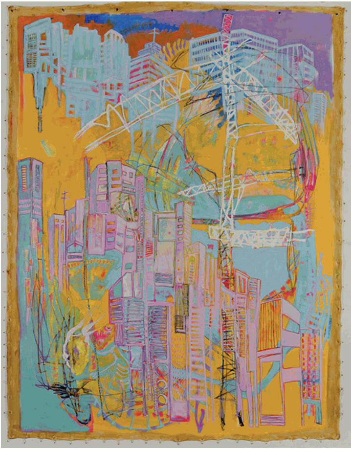 Kaye Freeman, Panel Two The Golden Line: dtla as the Garden of Earthly Delights, 2017 Oil paint, enamel paint, oil stick and graphite on canvas, 123 x 95 inches