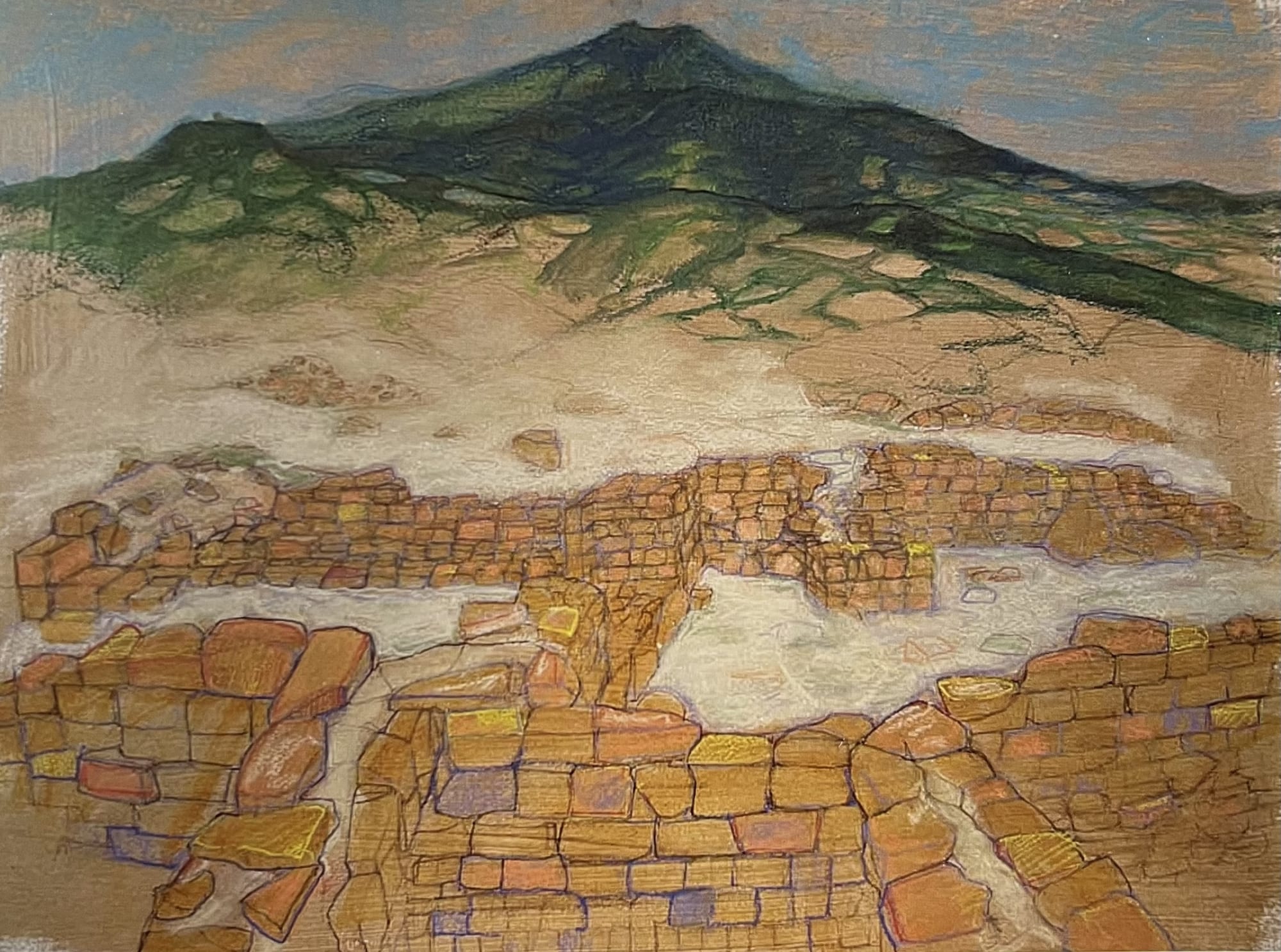 Rob Mango, Mid-evil Archaeology II, 2010 Pastel, oil stick on Arches paper, 8 x 24 inches