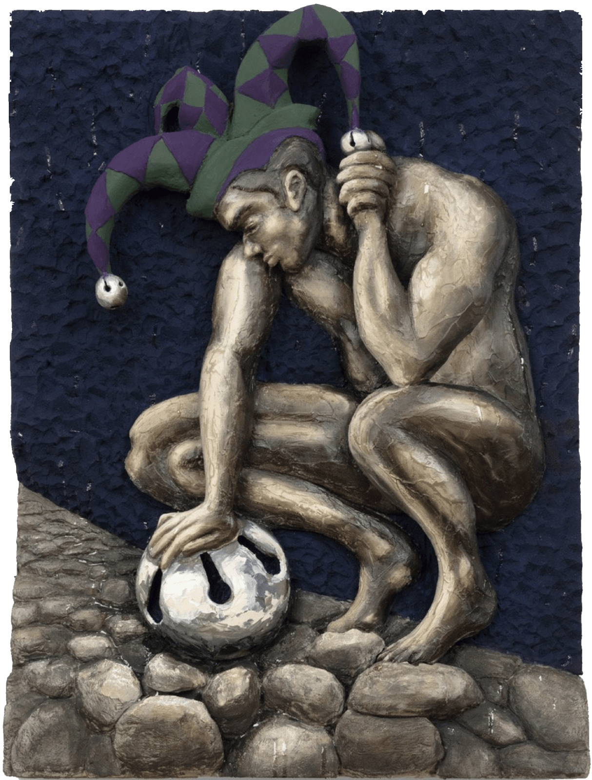 Rob Mango, Three Bells, 2023 Oil and resin on sculpted foam, 50 x 37 x 8 inches