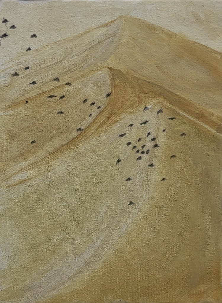 Birds, I guess. 2024 Oil and haki’s fur on canvas 24 x 18 cm Image by Saba Gorgodze