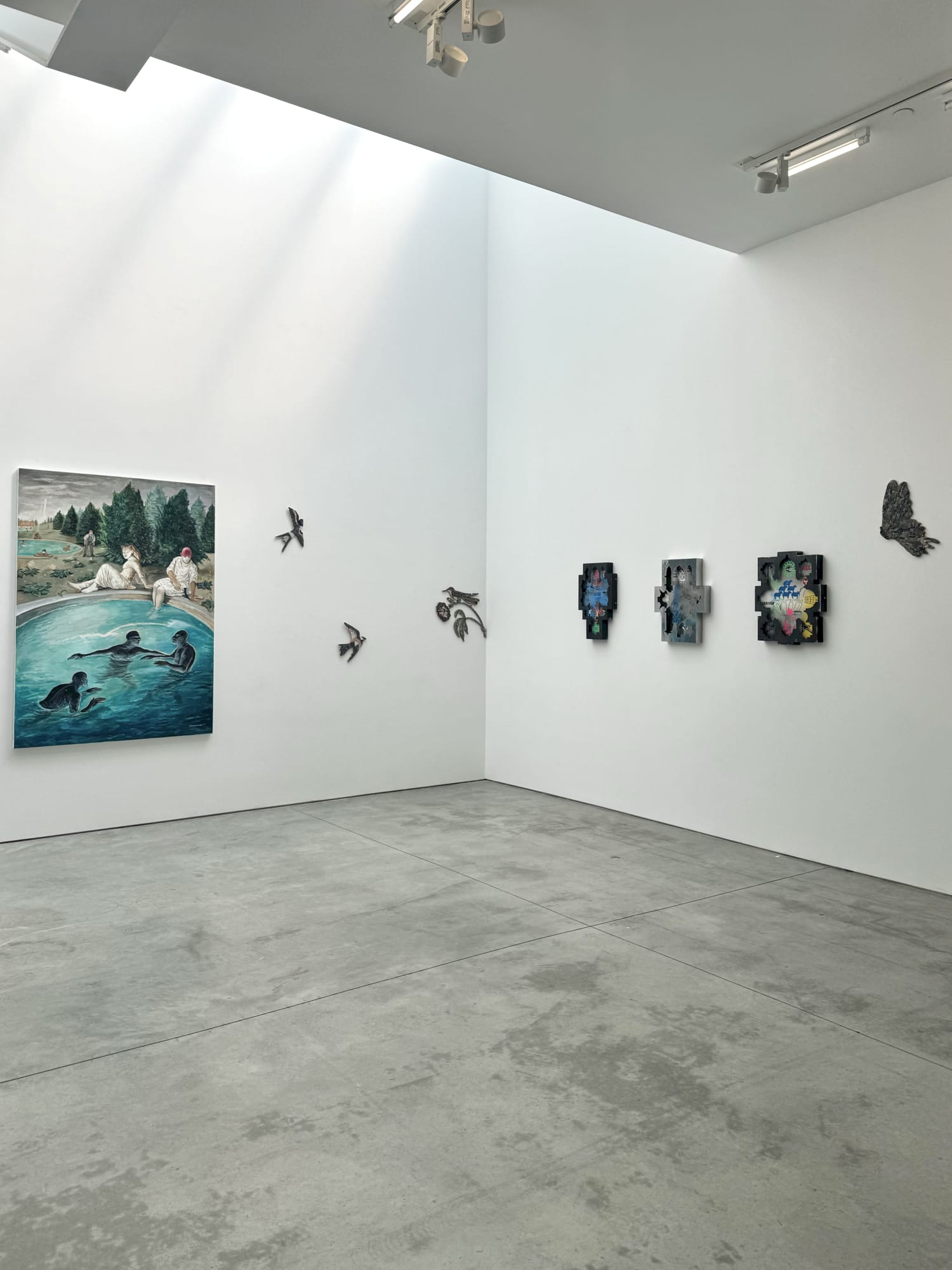 Installation view of Where to? Featuring paintings by Niniko Morbedadze, mosaics by Gvants Jishkariani and steel objects by Mishiko Sulakauri