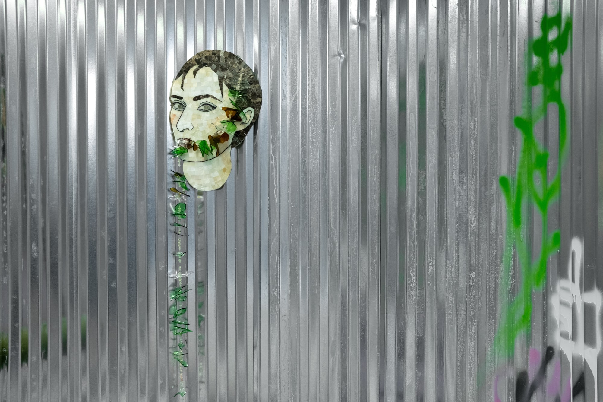 Gvantsa Jishkariani I CHEW MY OWN SOLID BLOOD, 2022 Natural stone mosaic using marble, travertine and onyx on plywood. Broken beer bottle glass with topaz, agate and prehnite beads 48 x 31 cm and 70 cm. of beads (18.8 x 12.2 in. and 27.5 in. of beads)