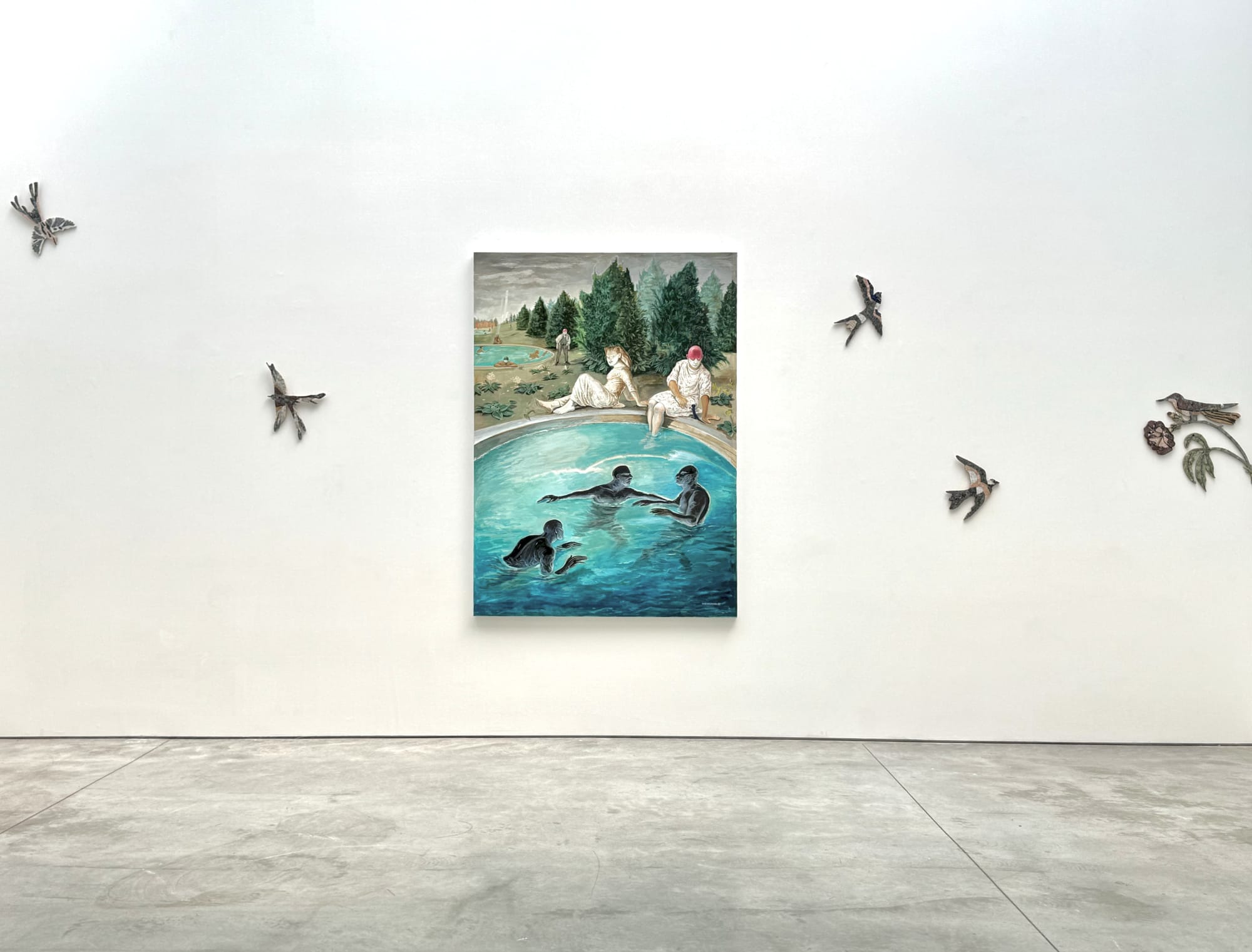 Installation view of Where to? Featuring paintings by Niniko Morbedadze, mosaics by Gvants Jishkariani.