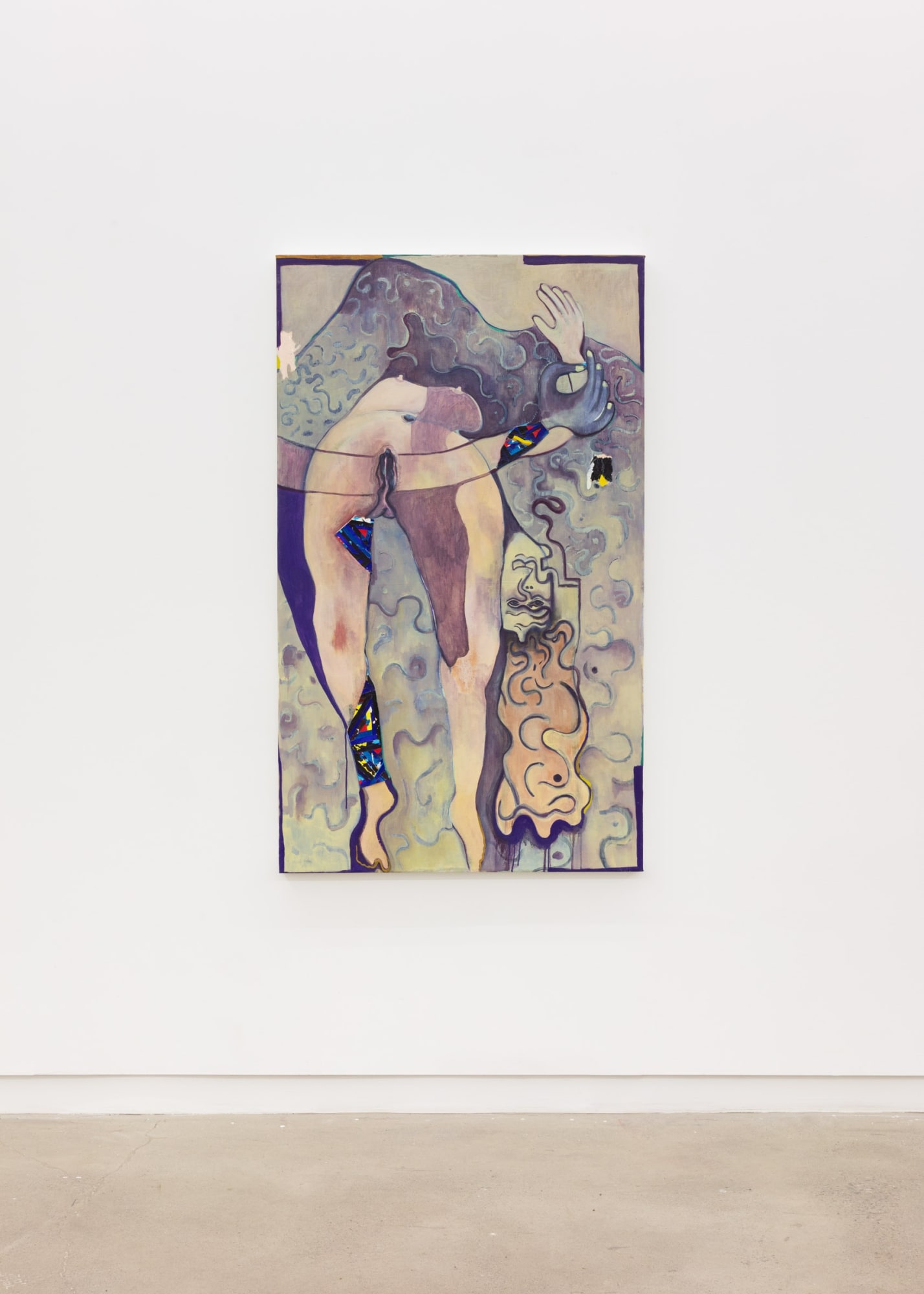 A painting of a woman bending over backwards looking at the viewer with a sumptuous background like curtains. A pair of hands sweeps across the figure.