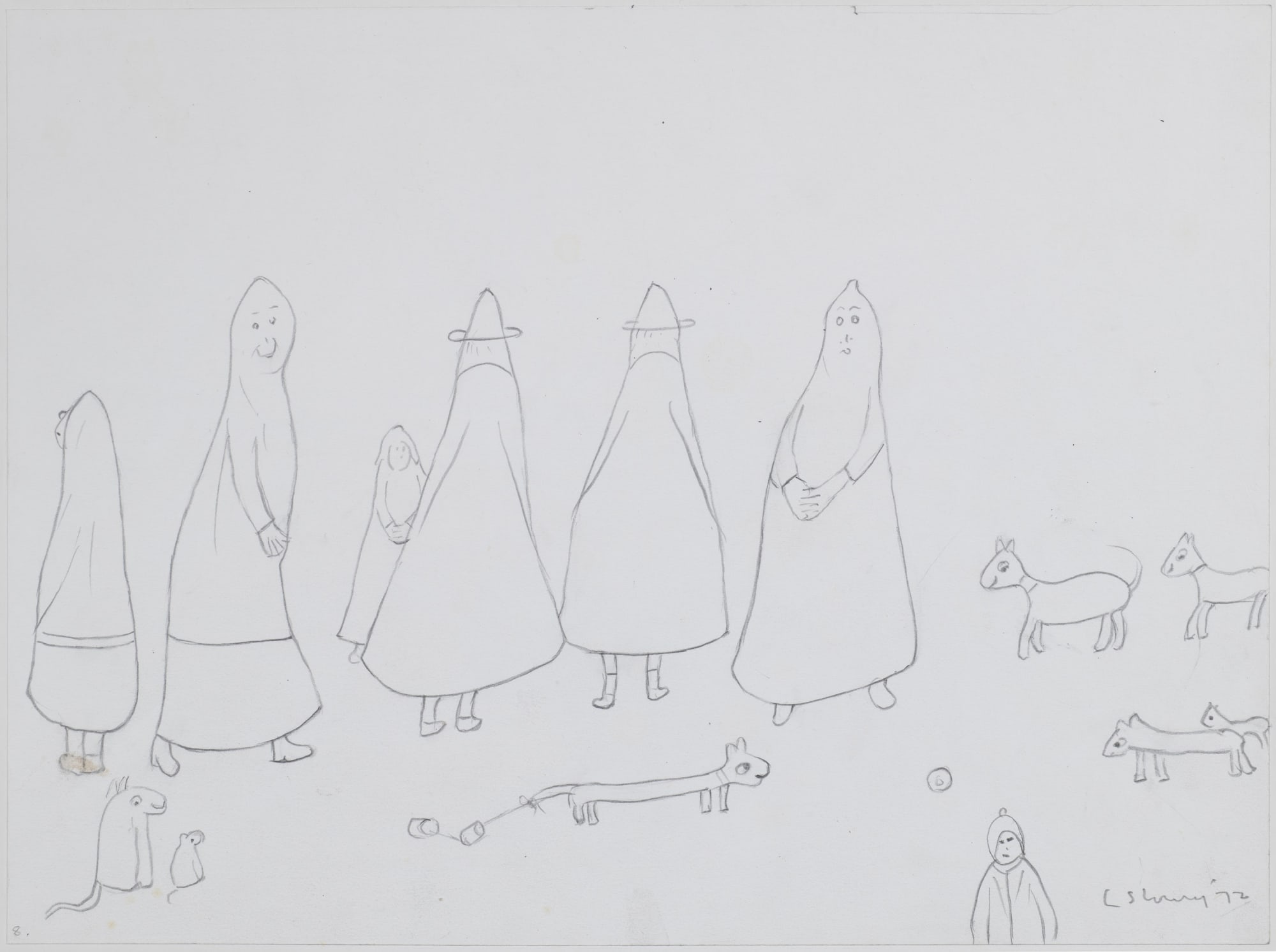 Laurence Stephen Lowry, Untiled (Seven Figures and Seven Dogs) , 1973