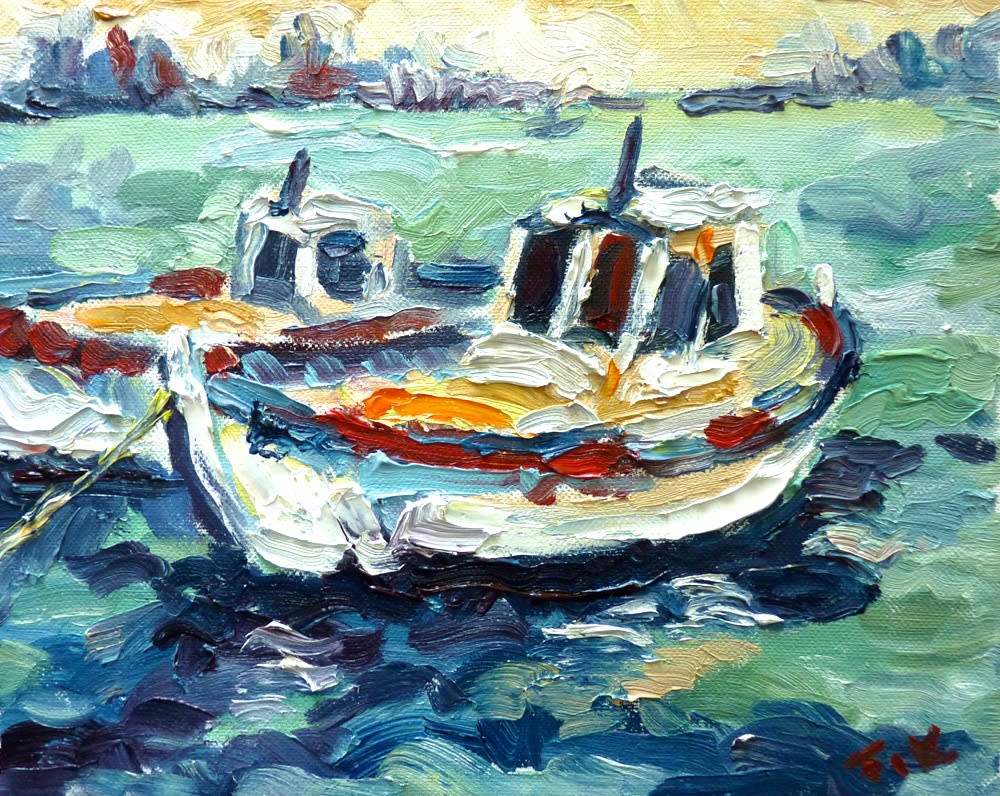 Fi Katzler Fishing Boats Signed Oil on canvas 10 5/8 x 10 5/8 in 27 x 27 cms