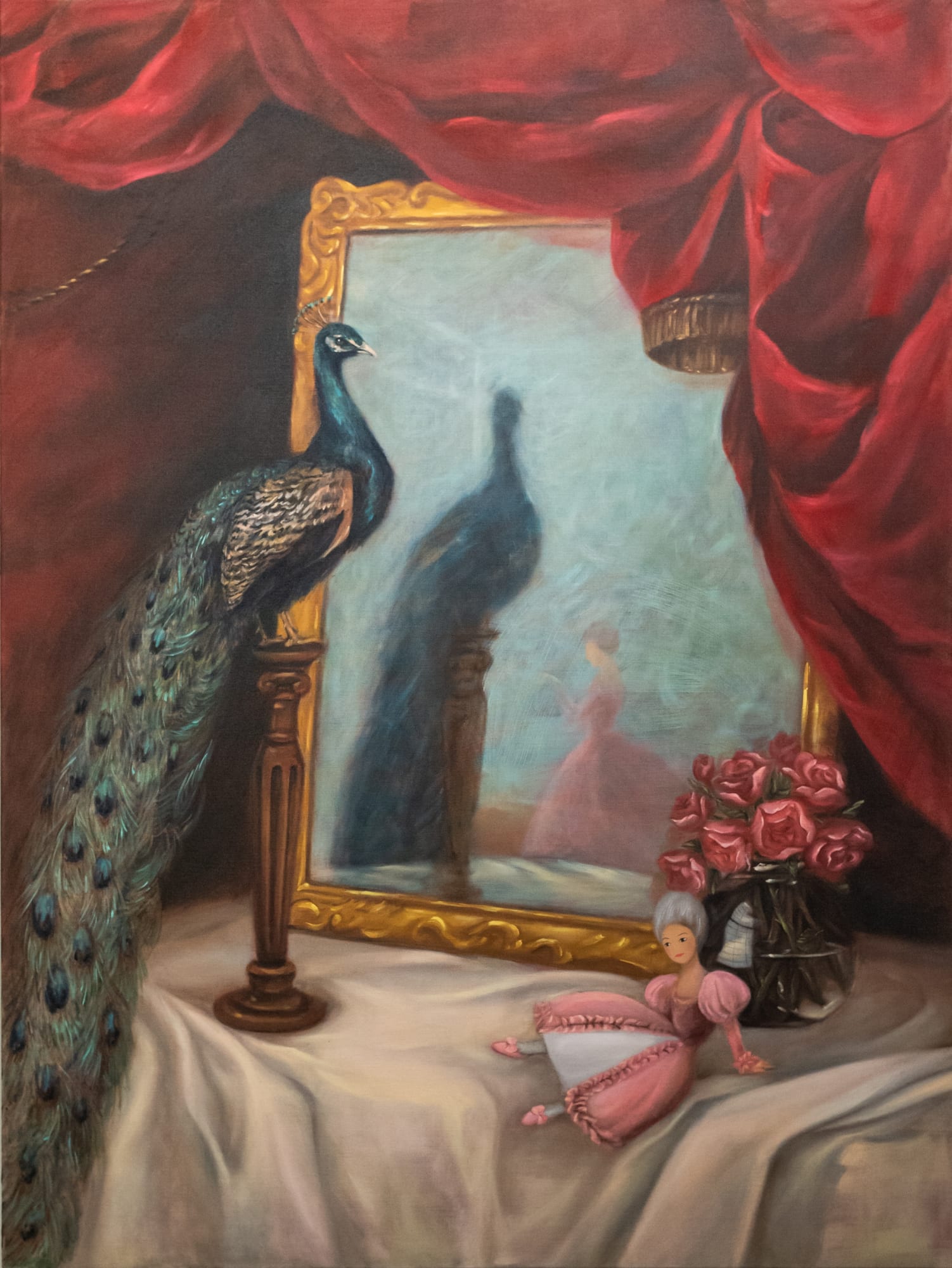 Xu Yang, Peacock, Roses, Mirror and Doll, 2021