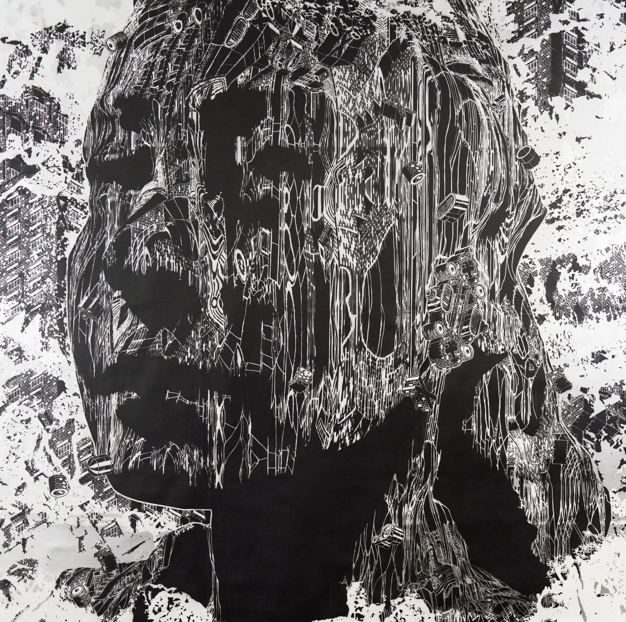 Mariusz Warasz aka M-City, Golden City, stencil on canvas, 200 x 200 cm, 2023