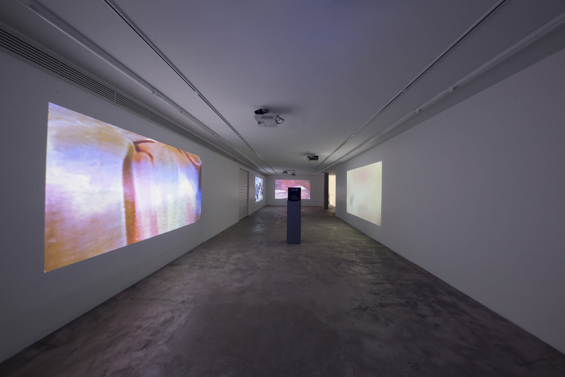 Installation View of Shimmers a solo Installation of Video Works by Isabelle Cornaro.