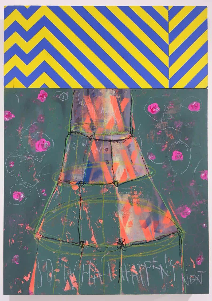 So What Happens Next, 2016 Acrylic, Spray paint on wood 85 x 60 cm