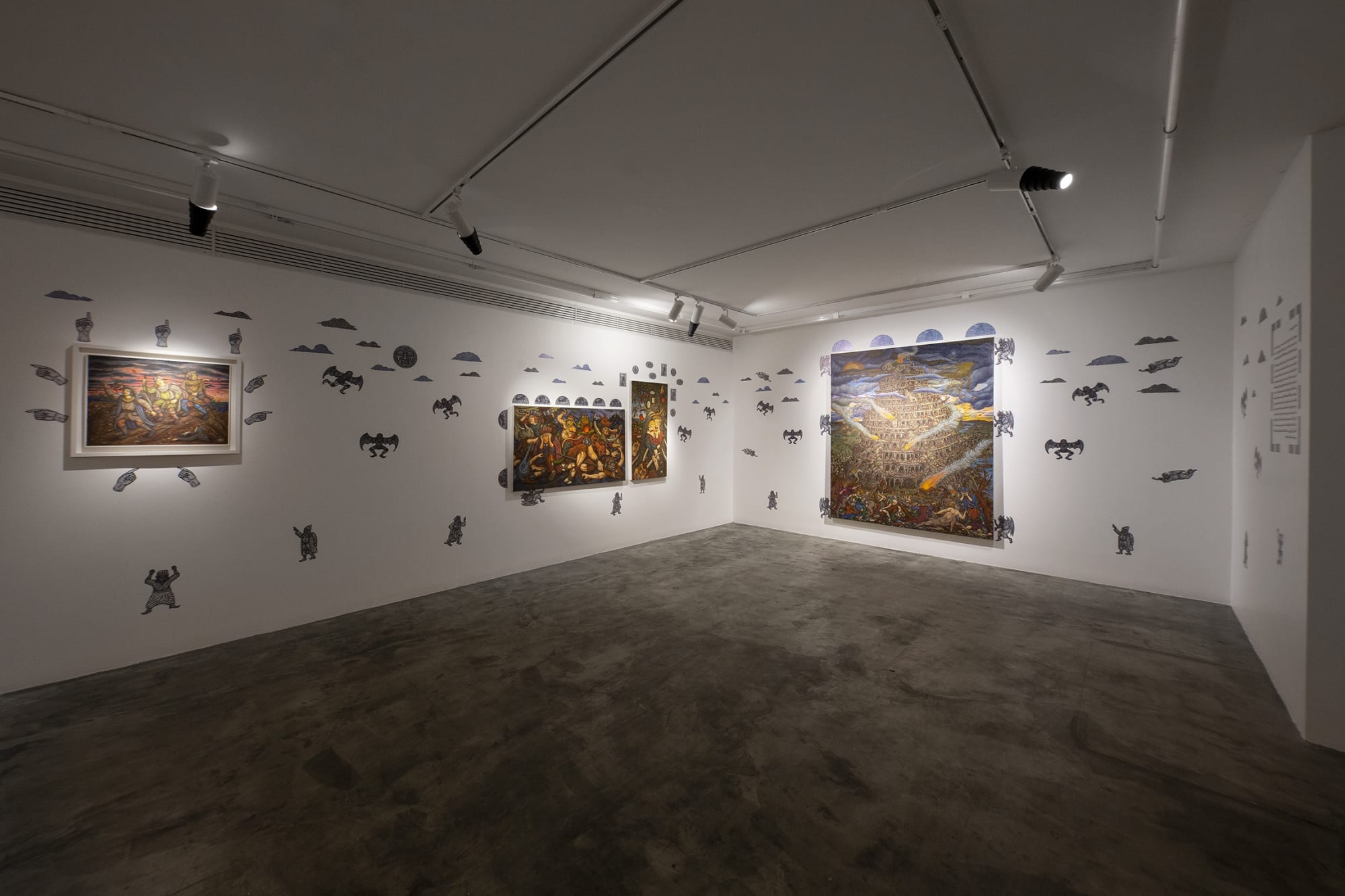 Installation view of The Legend of the Inheritors of Fate a solo presentation of works by Amin Montazeri .