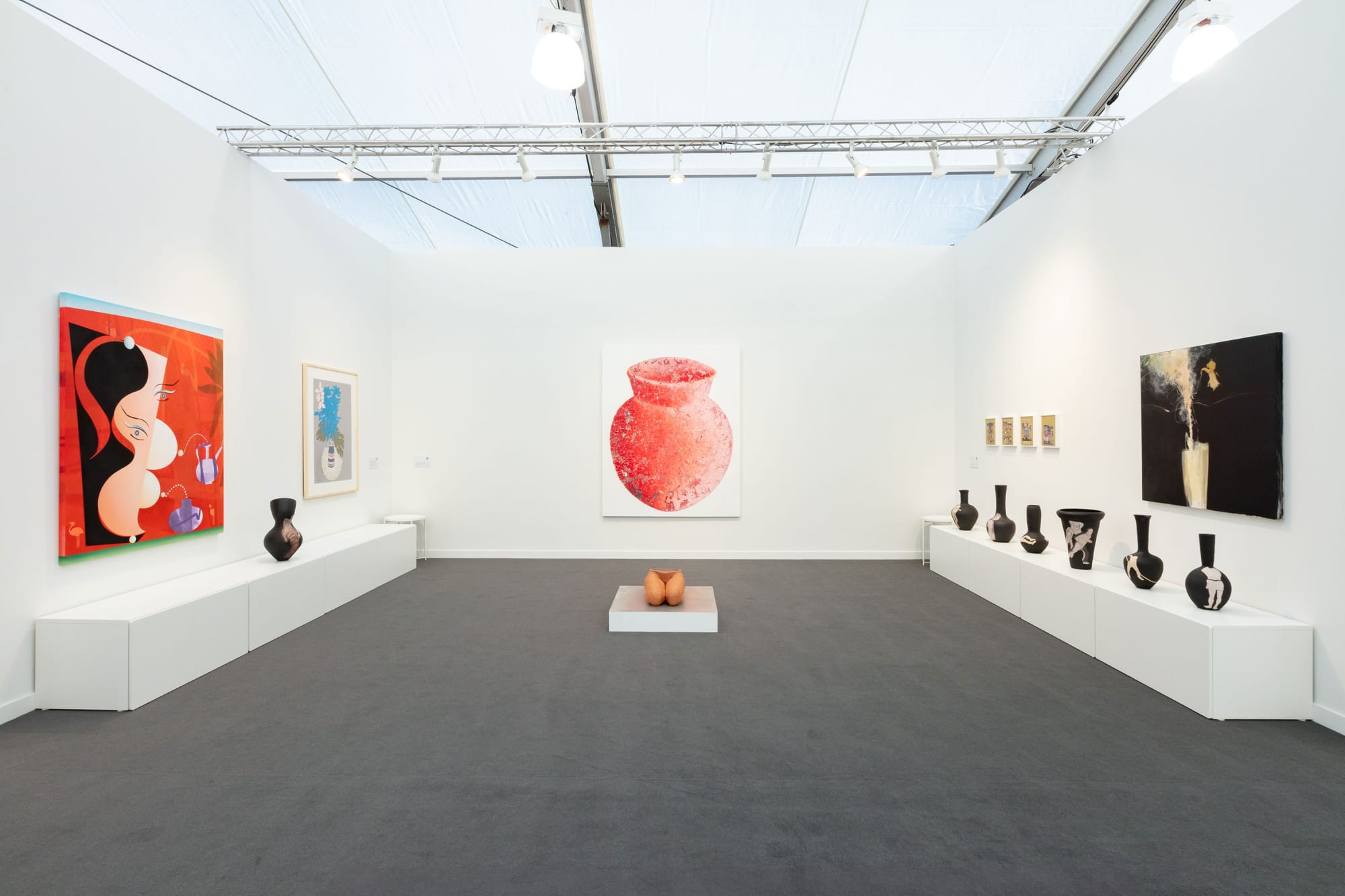Installation view of a group presentation of works by Farhad Moshiri, Farideh Lashai, Parvaneh Etemadi, Andisheh Avini, Reza Aramesh, Hoda Kashiha and Roksana Pirouzmand at Frieze Los Angeles 2025.