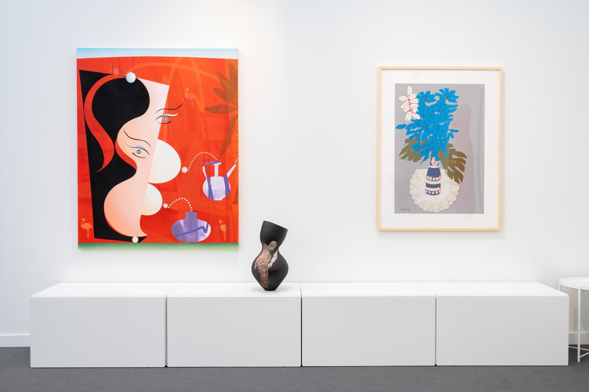 Installation view of a group presentation of works by Farhad Moshiri, Farideh Lashai, Parvaneh Etemadi, Andisheh Avini, Reza Aramesh, Hoda Kashiha and Roksana Pirouzmand at Frieze Los Angeles 2025.