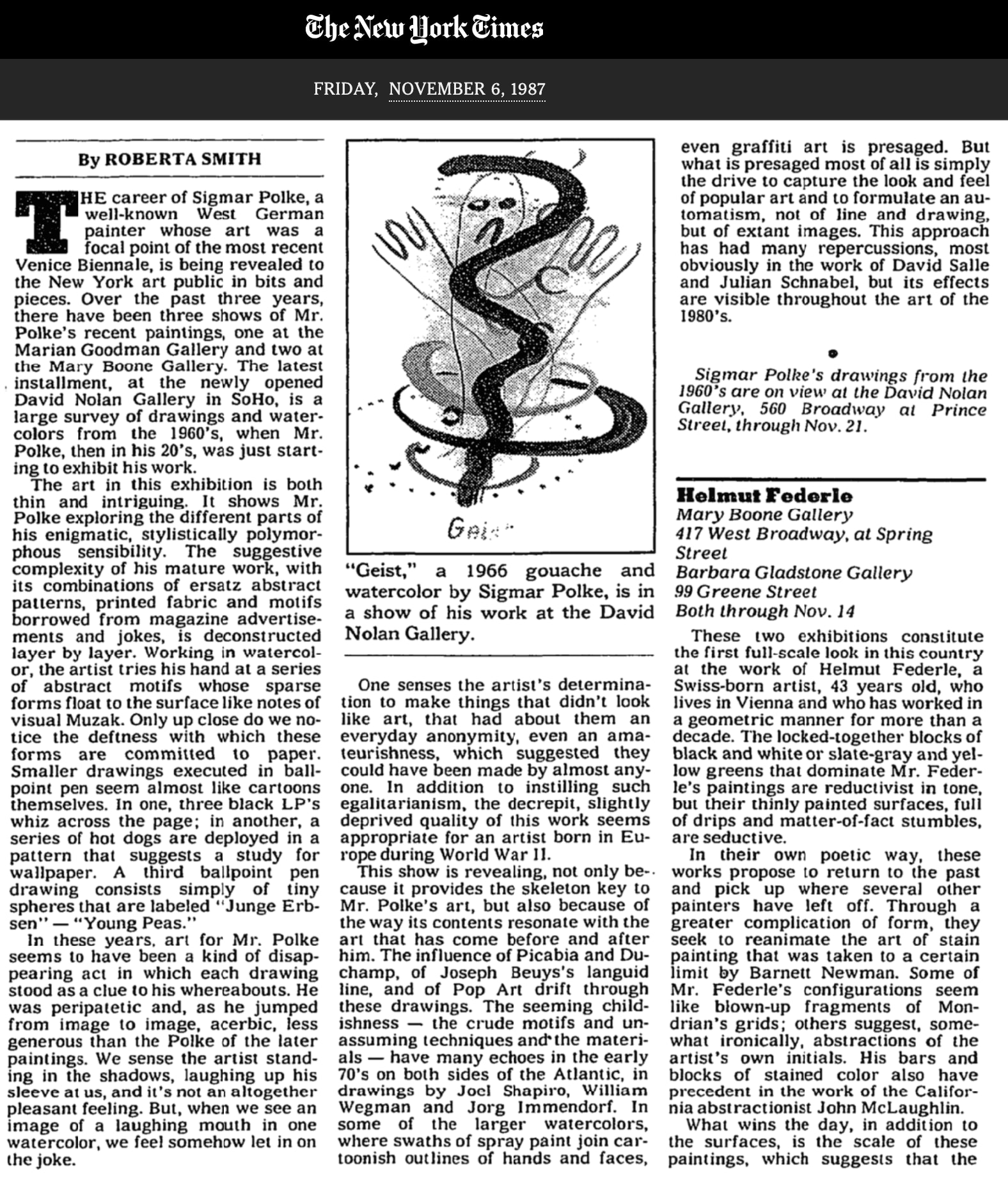 Roberta Smith's review of David Nolan Gallery's first exhibition (Sigmar Polke), New York Times, 1987