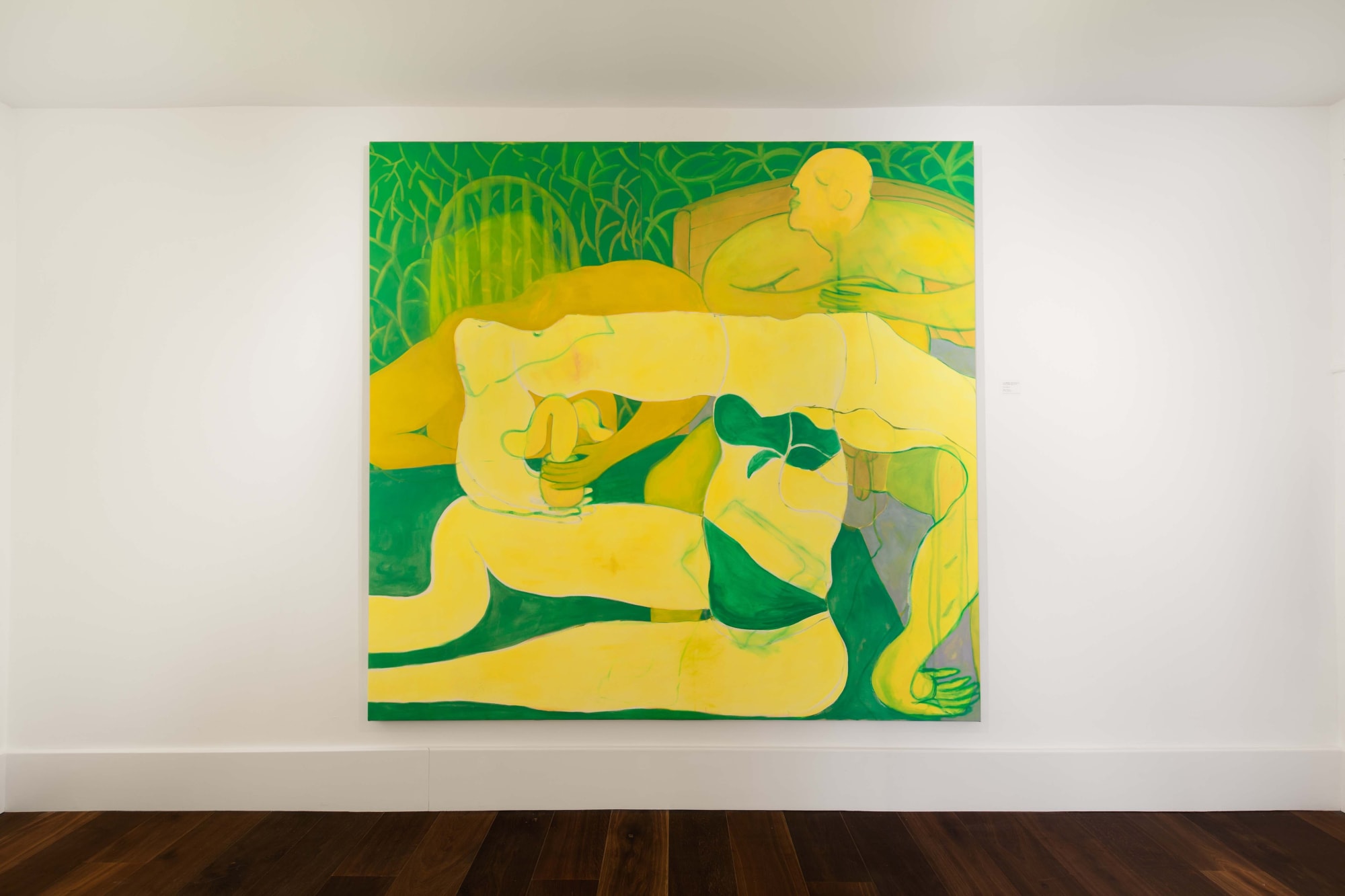 Tahnee Lonsdale posing yellow figure Oil on canvas painting contemporary art exhibition Dellasposa Gallery london