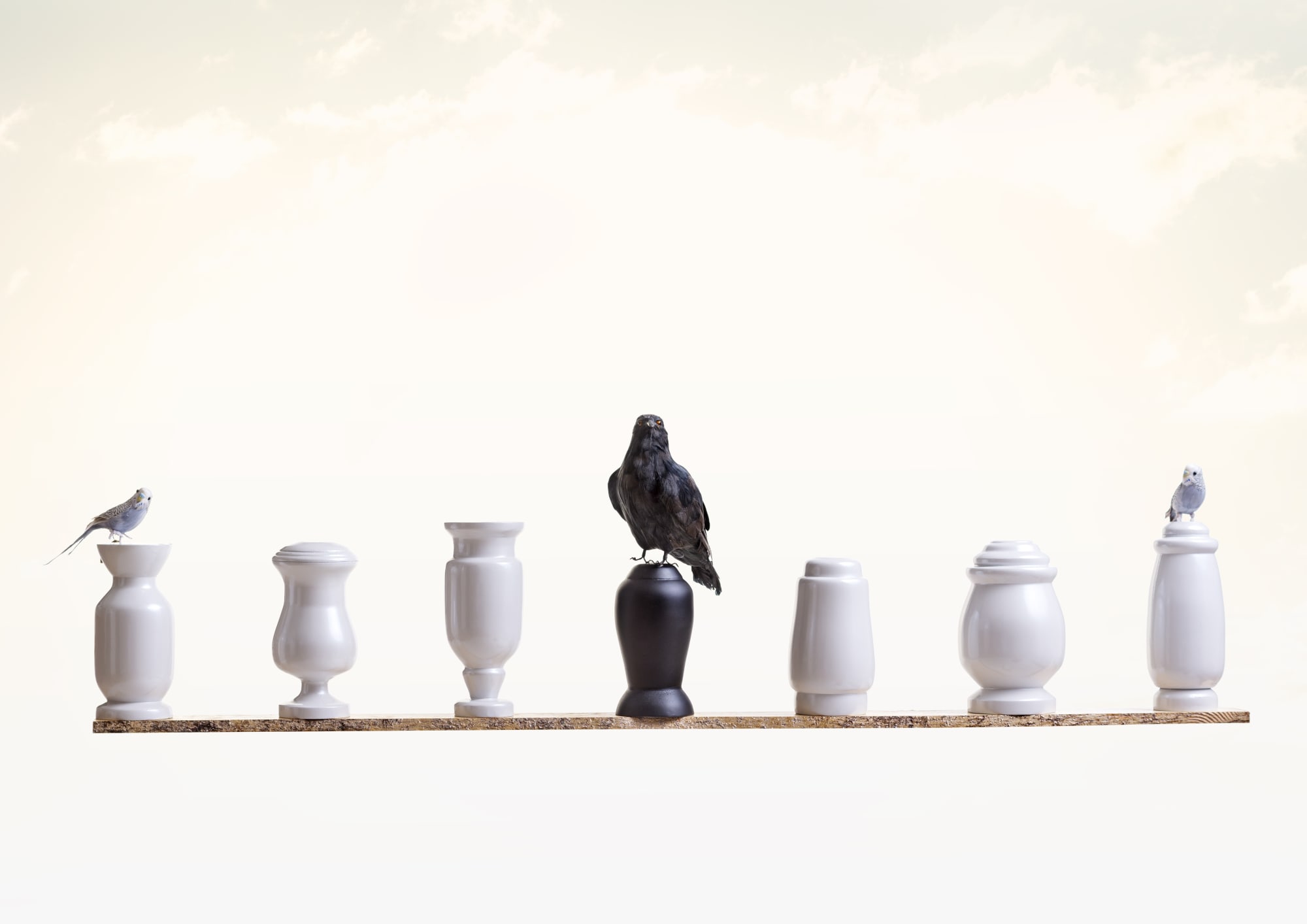 Gail Olding, The First The Last The Beginning And The End, 2017 Wood, acrylic paint, plastic, feathers, 180 x 45 x 25 cm