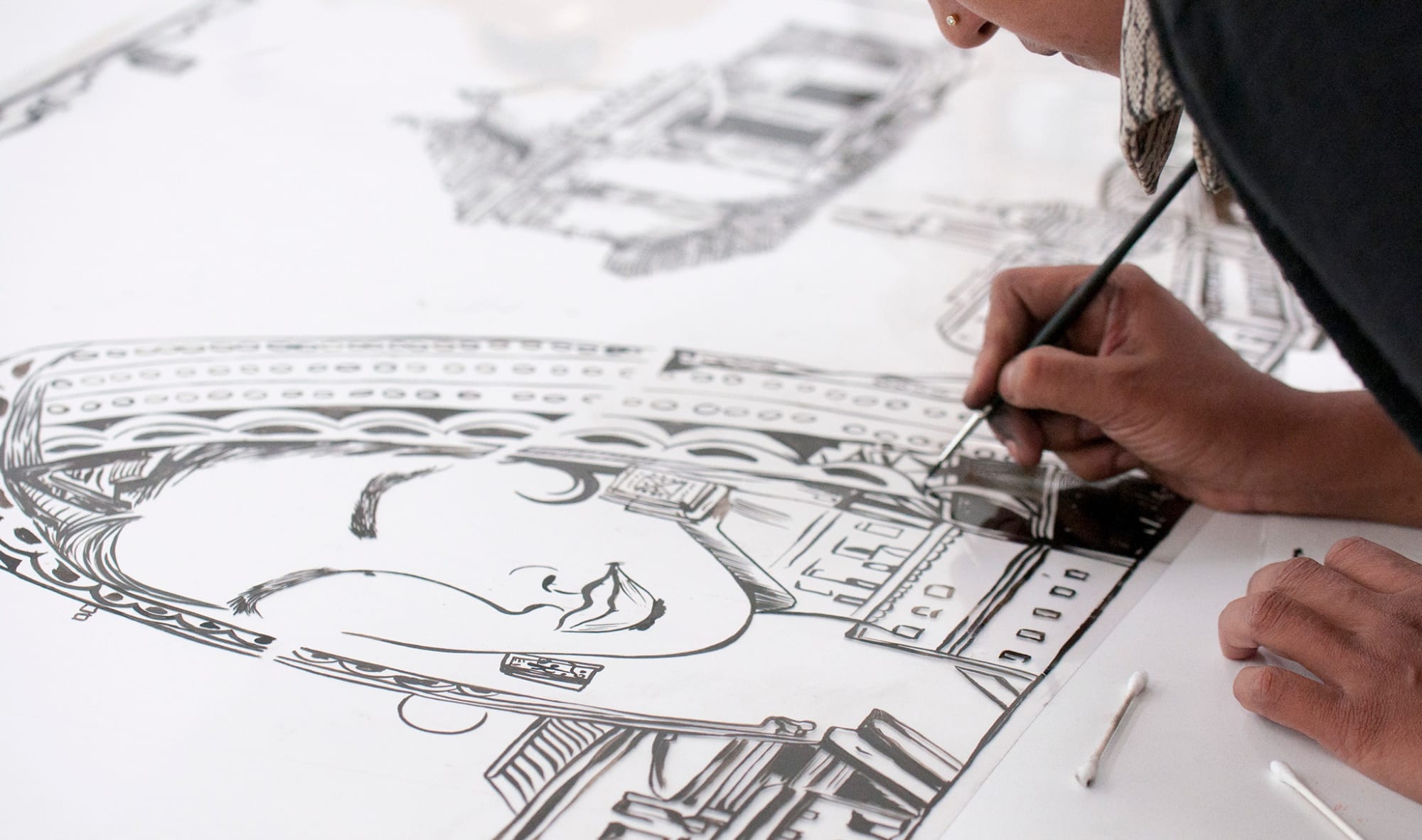 Chitra Ganesh at Durham Press painting acetate for screenprint city inside screenprint woodblock edition print